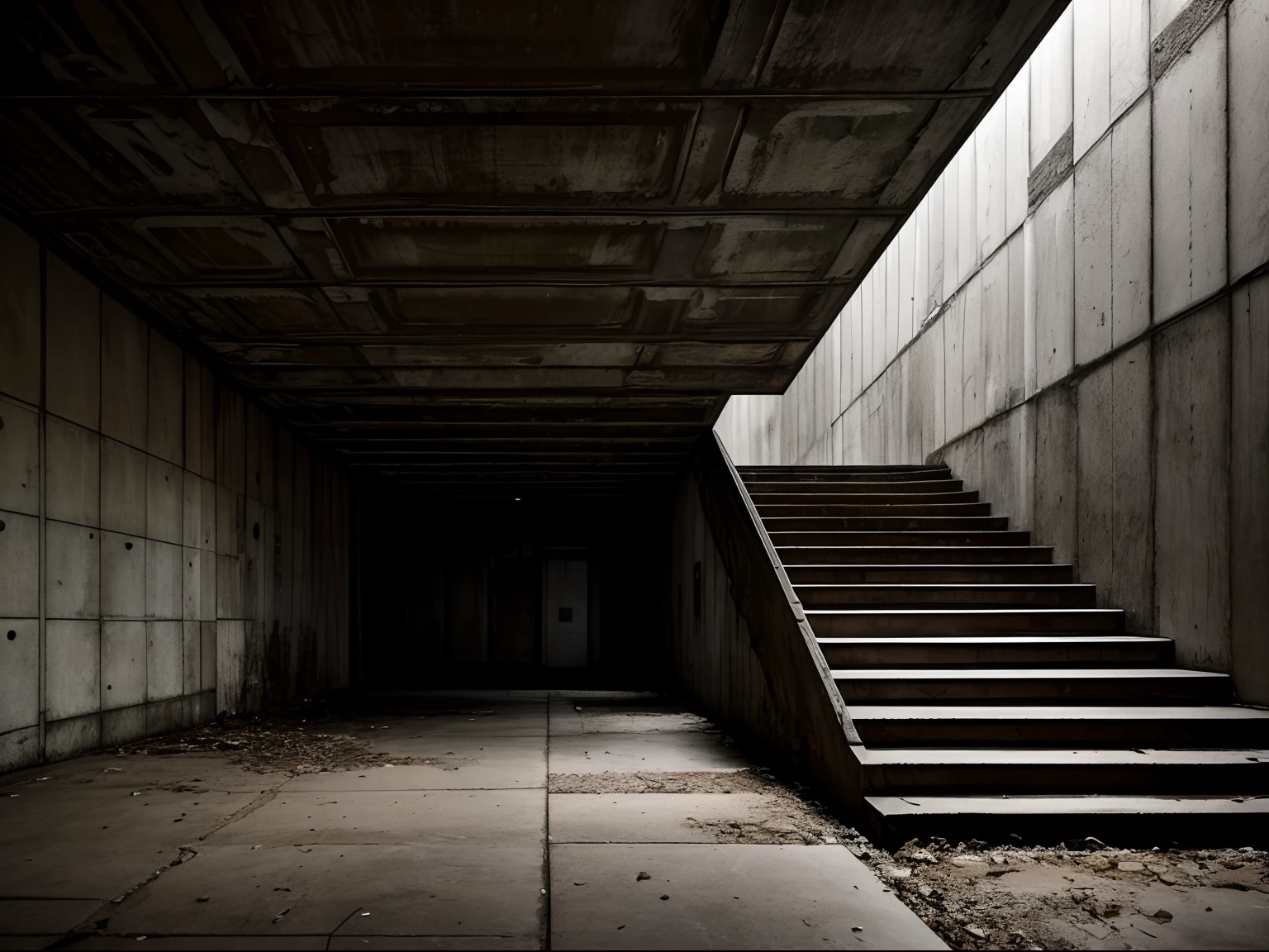a liminal place, gloomy ambience, abandoned, backrooms, dirty, brutalist architecture, tension, nostalgic, giant, labyrinth, steps, stairs