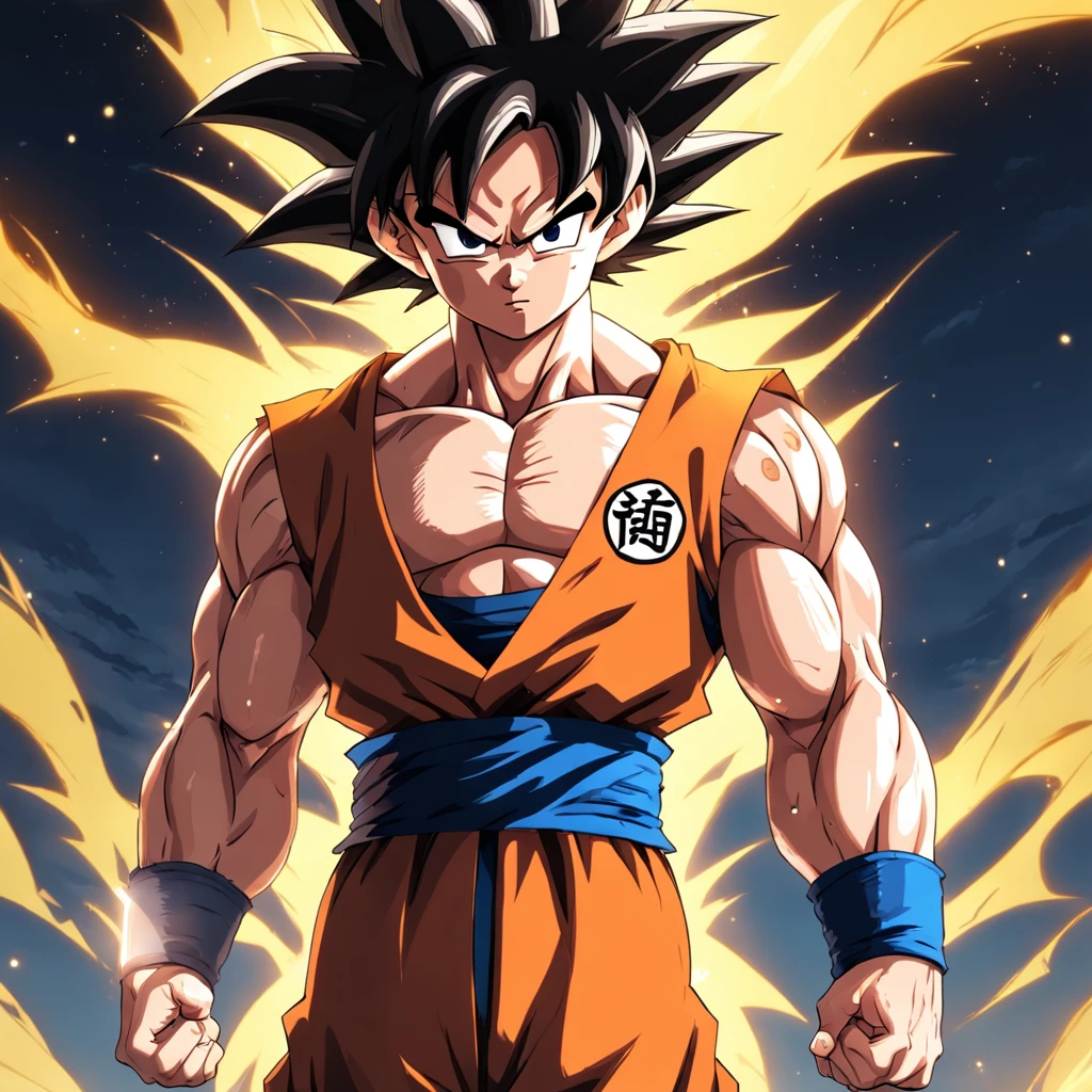 uma arte perfeita de Son Goku como super sayajin envolto em energias e raios amarelos, expression serious, well-defined muscles, Sombra realista, incredible details, olhos perfeitos, perfect hands, corpo completo, roupa laranja, Dark sky in the background.
