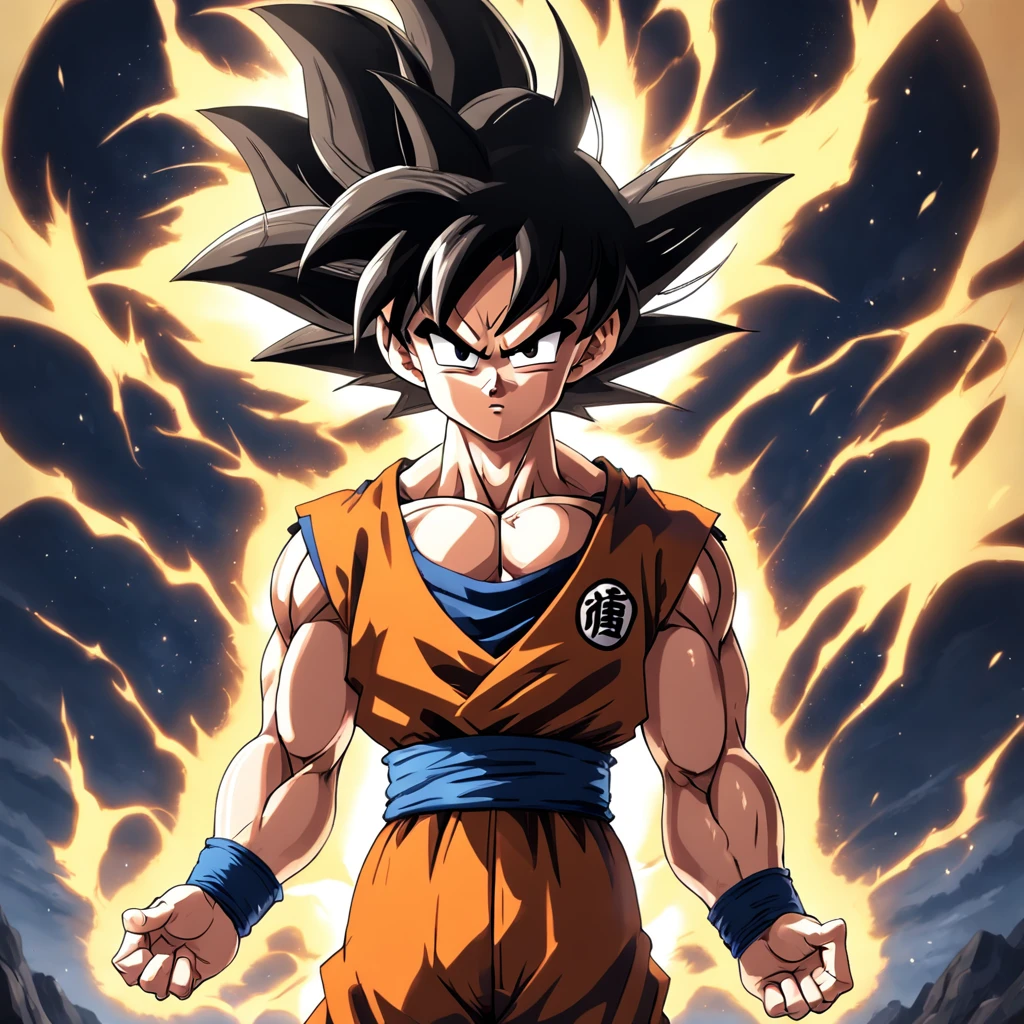uma arte perfeita de Son Goku como super sayajin envolto em energias e raios amarelos, expression serious, well-defined muscles, Sombra realista, incredible details, olhos perfeitos, perfect hands, corpo completo, roupa laranja, Dark sky in the background.