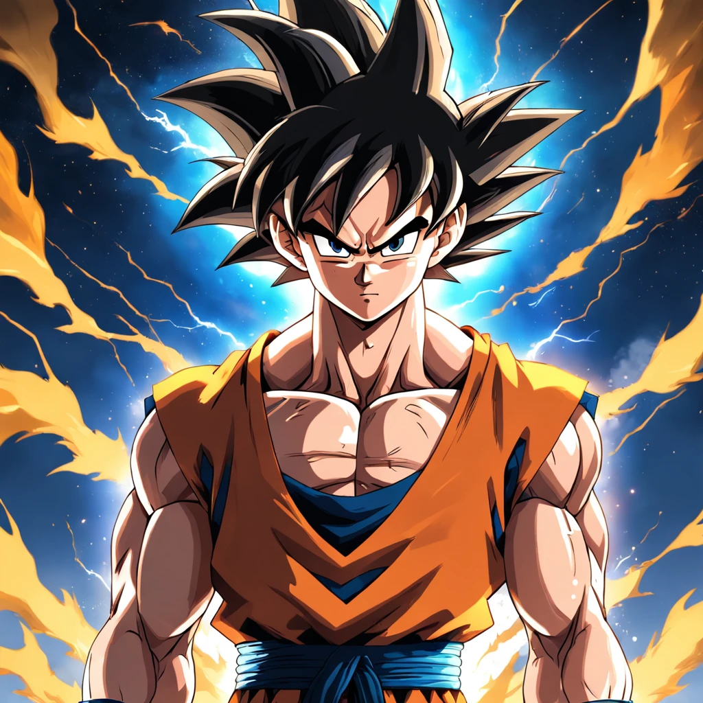uma arte perfeita de Son Goku como super sayajin envolto em energias e raios amarelos, expression serious, well-defined muscles, Sombra realista, incredible details, olhos perfeitos, perfect hands, corpo completo, roupa laranja, Dark sky in the background.