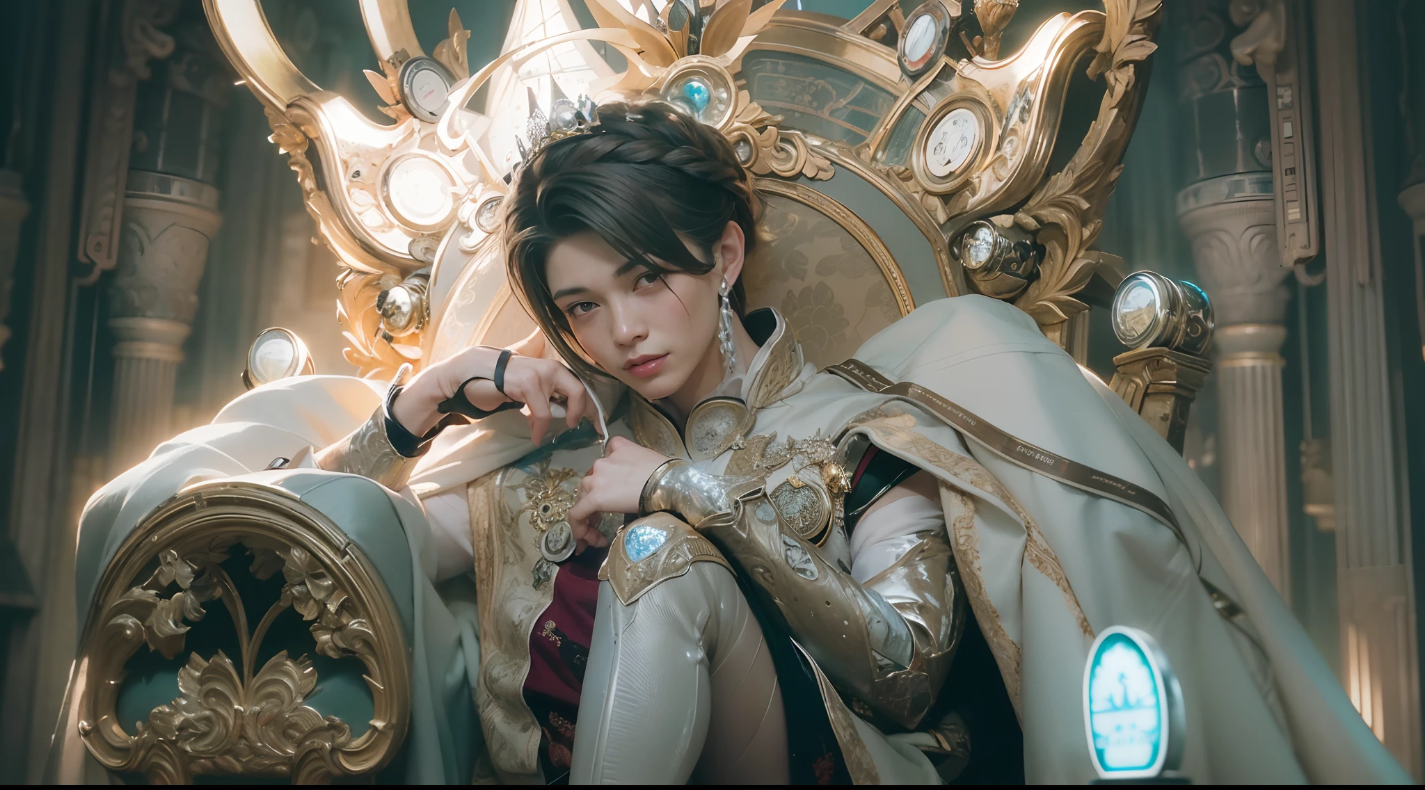 1boy, photo of handsome smiling young 25-year-old male Chinese prince sitting on his throne, clothed in futuristic cybernetic armor, wearing large futuristic crown, sci-fi, intricate, very very handsome, suave, neon light, ((perfect face)), ((perfect hands)), ((perfect body)), ((correct anatomy)), ((ultra-realistic)), ((8k, UHD)), highly detailed, digital painting, artstation, concept art, human anatomy, soft light, smooth, illustration, art by tian zi and craig mullins and WLOP and alphonse mucha