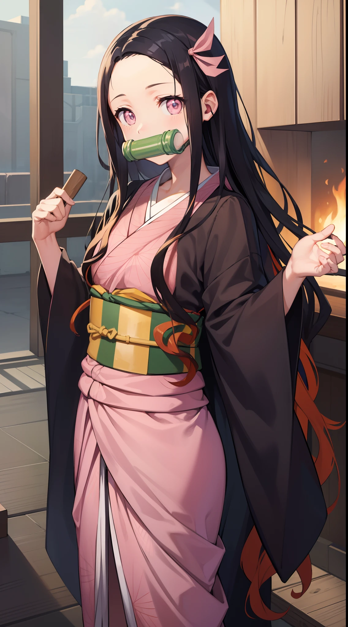 Nezu furnace, Nezuko Kamado, Bamboo, (bit gag:1.5), Black hair, (Forehead:1.5), gag, Gagged, Hair Ribbon, Long hair, multicolored hair, (Pink eyes:1.5), Orange hair, Slit pupils, Wavy Hair, Two-tone hair, Break asa is not (Pattern), Checkered sash, haori, komono, Kimono, Long sleeves, Obi, Pink kimono, sash, wariza, Wide sleeves, BREAK looking at viewer, Break indoors, BREAK (masutepiece:1.2), Best Quality, High resolution, Unity 8k壁纸, (Illustration:0.8), (Beautiful detailed eyes:1.6), extra detailed face, Perfect Lighting, extremely details CG, (Perfect hands, Perfect Anatomy),a smile、is standing