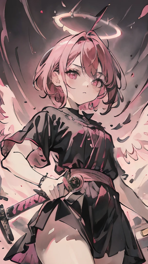 1girl, short pink hair, pink eyes, wearing black dress, absurdres, high res, ultrasharp, 8K, masterpiece, looking at viewer , have angelic pink halo , holding a sword