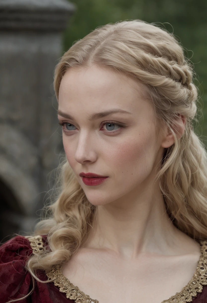 Portrait of a very beautiful medieval young woman Mirena from the film Dracula Untold (2014), feminine image of Mirena from the film Dracula Untold (2014), very beautiful and slender face of Sarah Gadon, long blond thick hair, her hair shimmers with gold, she wears a beautiful medieval European outfit , white linen shirt with elbow sleeves, dark gray and tight corset, low and wide red leather belt around her waist from Dracula Untold (2014), blue eyes, dark gray shadows on her eyelids, long black thick eyelashes, accentuated cheekbones, beautiful sensual red lips, around the 15th century, the Middle Ages, this woman is twenty-six years old -