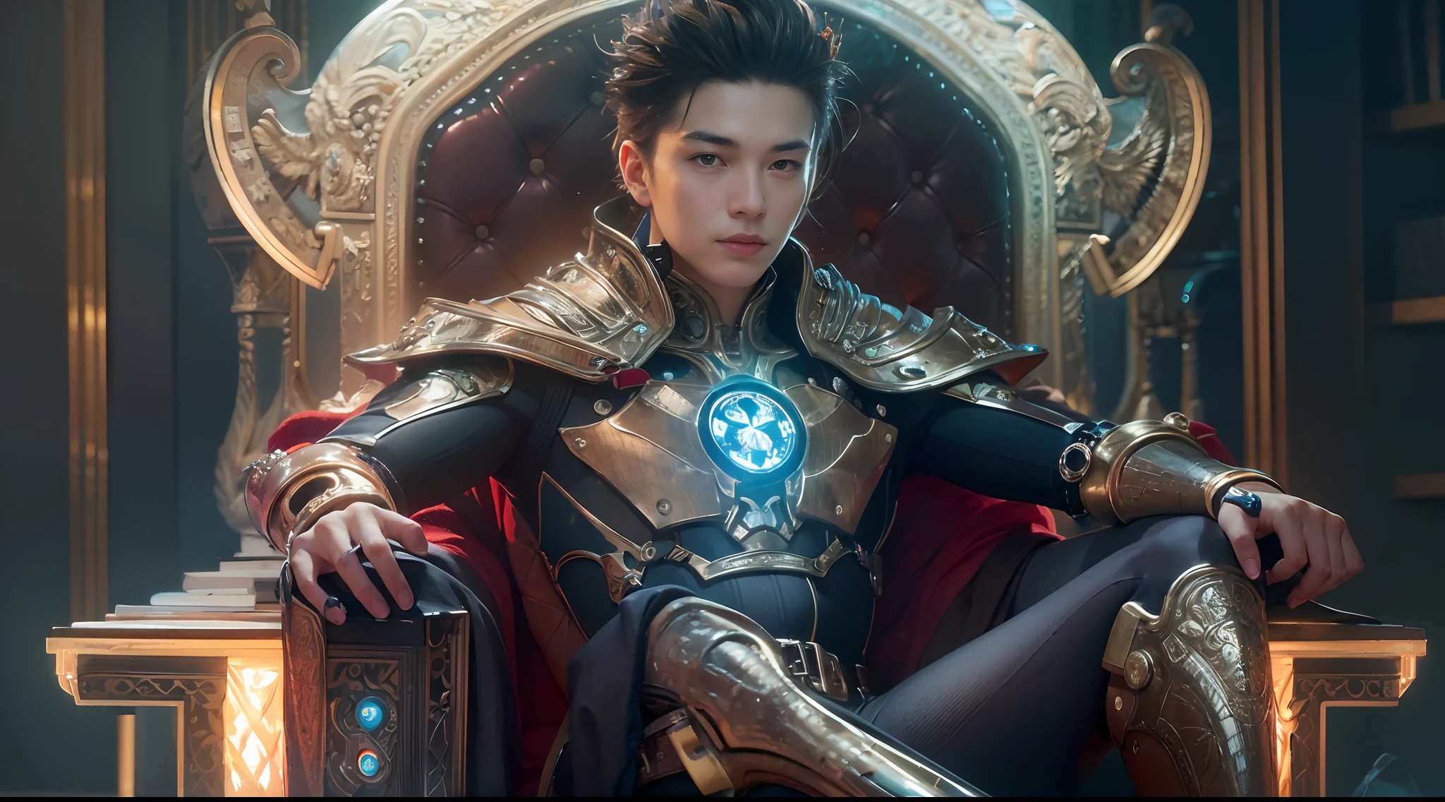 1boy, photo of handsome smiling young 25-year-old male Chinese prince sitting on his throne, clothed in futuristic cybernetic armor, wearing large futuristic crown, sci-fi, intricate, very very handsome, suave, neon light, ((perfect face)), ((perfect hands)), ((perfect body)), ((correct anatomy)), ((ultra-realistic)), ((8k, UHD)), highly detailed, digital painting, artstation, concept art, human anatomy, soft light, smooth, illustration, art by tian zi and craig mullins and WLOP and alphonse mucha