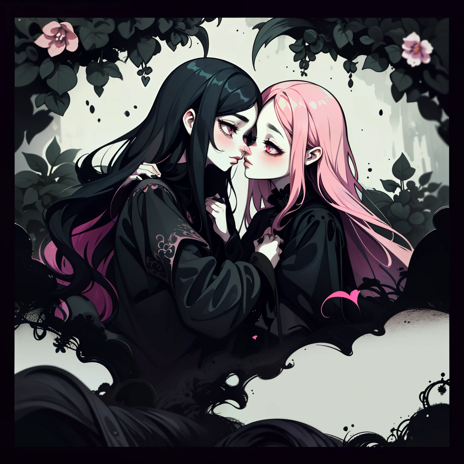 adesivo, fundo simples, portrait, 2 girls, couple, kissing, girl with long hair, beautiful gothic girl, gothic aesthetic, beautiful girl, very beautiful fantasy art, beautiful and elegant female gothic, beautiful detailed fantasy, black and pink color palate, black color-theme