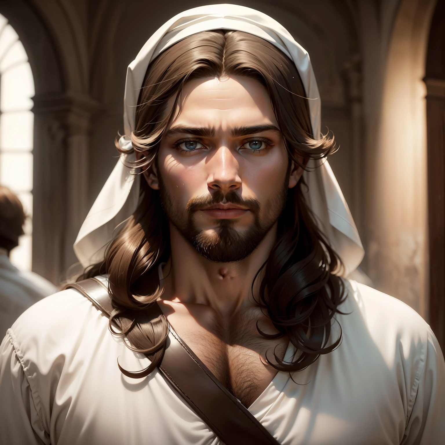 um close up de um homem com barba e um manto branco, Jesus Cristo, Retrato de Jesus Cristo, jesus of nazareth, Jesus, rosto de Jesus, Vestido como Jesus Cristo, Greg Olsen, O Senhor e Salvador, beautiful man, homem bonito, Directed by: Kurt Roesch, Tron legado Jesus Cristo, christian saint, mulher linda, Directed by: Artur Tarnowski