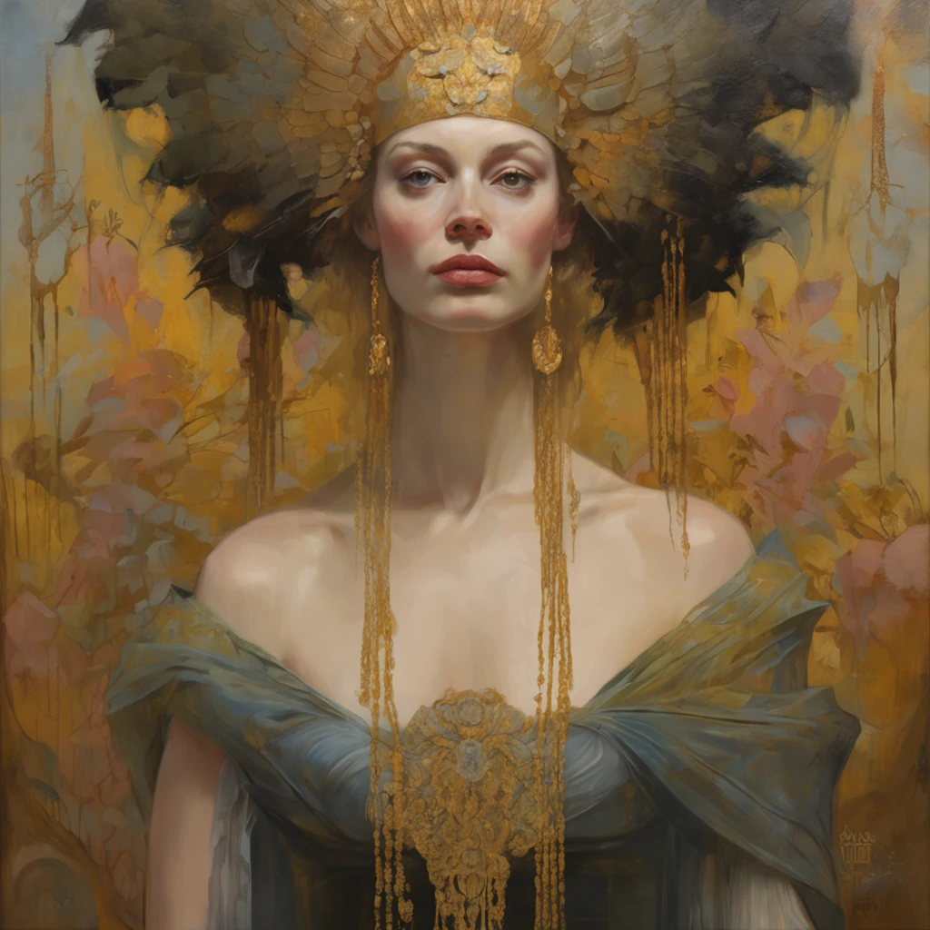 a painting of a woman with a golden headdress and a black dress, Mucha Klimt et Tom Bagshaw, WLOP complexe, exquisite digital illustration, Bel art UHD 4 K, 4k highly detailed digital art, stunning digital illustration, karol bak uhd, a beautiful fantasy empress, Jen Bartel, detailed painting 4 k, 4k detailed digital art
