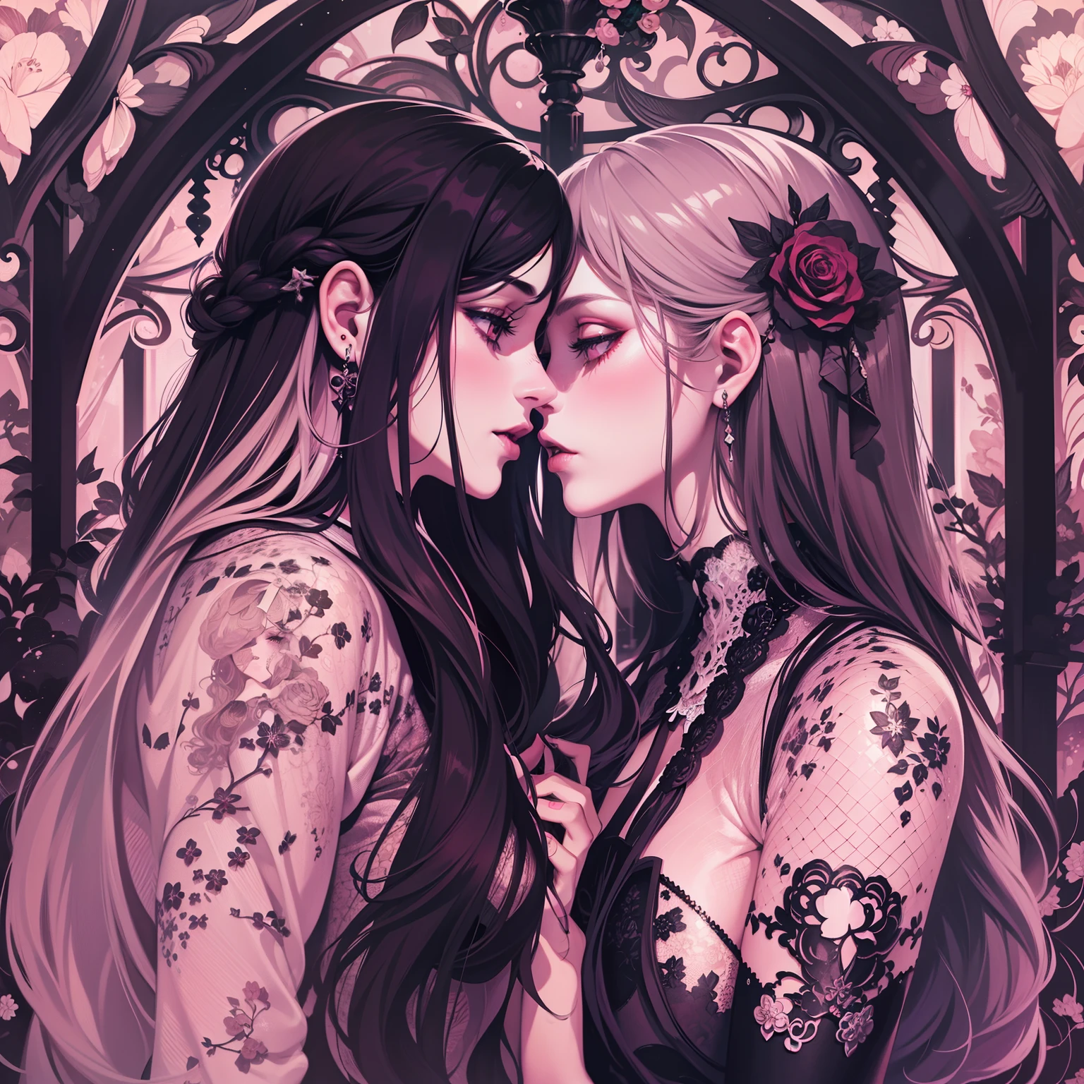 adesivo, fundo simples, portrait, 2 girls, couple, kissing, girl with long hair, beautiful gothic girl, gothic aesthetic, beautiful girl, very beautiful fantasy art, beautiful and elegant female gothic, beautiful detailed fantasy, black and pink color palate, black color-theme