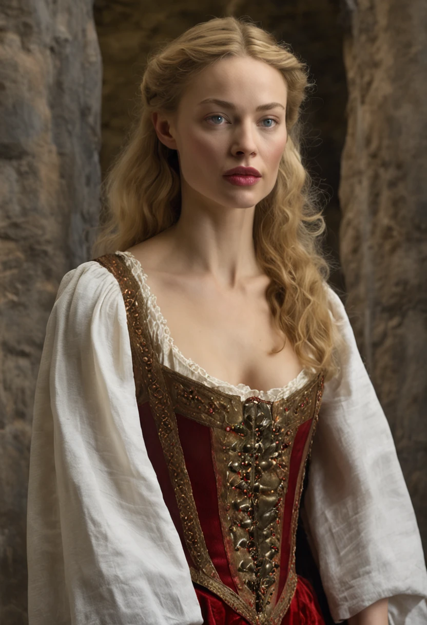 Portrait of a very beautiful medieval young woman Mirena from the film Dracula Untold (2014), feminine image of Mirena from the film Dracula Untold (2014), very beautiful and slender face of Sarah Gadon, long blond thick hair, her hair shimmers with gold, she wears a beautiful medieval European outfit , white linen shirt with elbow sleeves, dark gray and tight corset, low and wide red leather belt around her waist from Dracula Untold (2014), blue eyes, dark gray shadows on her eyelids, long black thick eyelashes, accentuated cheekbones, beautiful sensual red lips, around the 15th century, the Middle Ages, this woman is twenty-six years old -