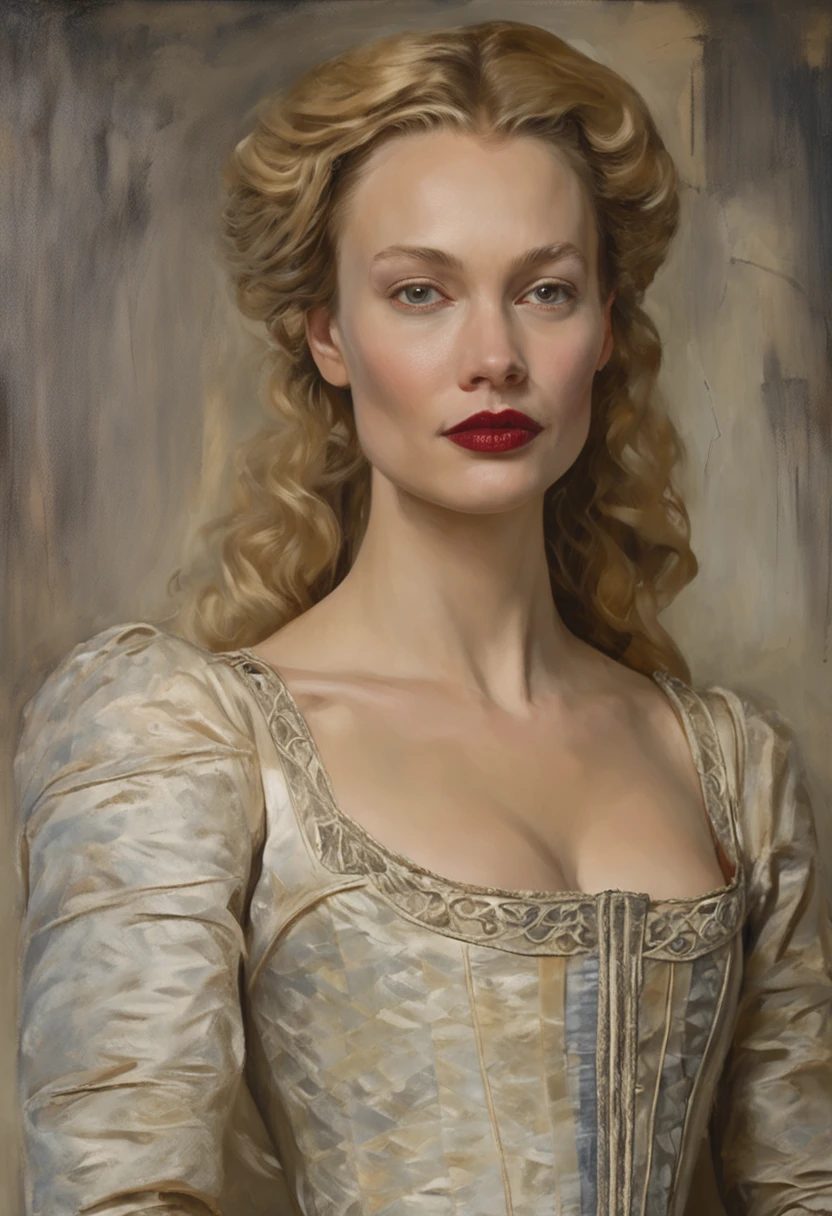 Portrait of a very beautiful medieval young woman Mirena from the film Dracula Untold (2014), feminine image of Mirena from the film Dracula Untold (2014), very beautiful and slender face of Sarah Gadon, long blond thick hair, her hair shimmers with gold, she wears a beautiful medieval European outfit , white linen shirt with elbow sleeves, dark gray and tight corset, low and wide red leather belt around her waist from Dracula Untold (2014), blue eyes, dark gray shadows on her eyelids, long black thick eyelashes, accentuated cheekbones, beautiful sensual red lips, around the 15th century, the Middle Ages, this woman is twenty-six years old -