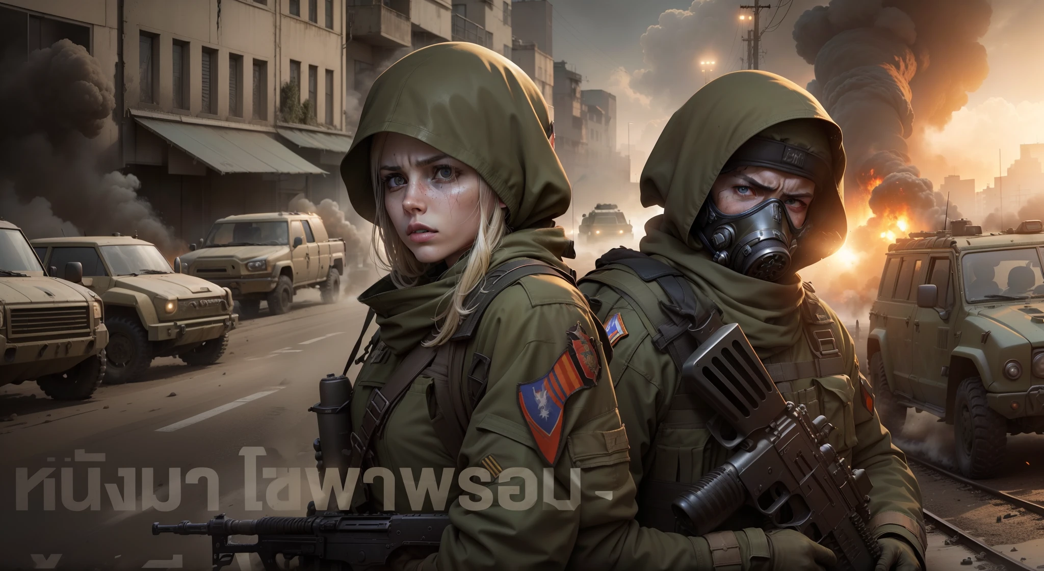 "Chemical warfare: Fierce battlefields, Russians,Military vehicles,Russian army,Russian soldiers, explosions, the chaos, Soldiers in gas masks, Ruined cityscape, Fear and Despair, AK74,assault rifle,Dramatic Lighting, Gritty atmosphere, Apocalyptic devastation."