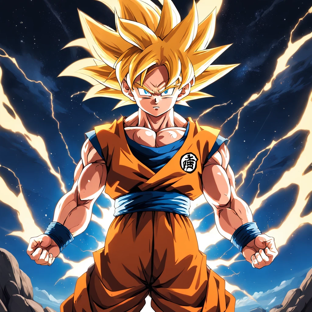 uma arte perfeita de Son Goku como super sayajin envolto em energias e raios amarelos, expression serious, well-defined muscles, Sombra realista, incredible details, olhos perfeitos, perfect hands, corpo inteiro, roupa laranja, Dark sky in the background.