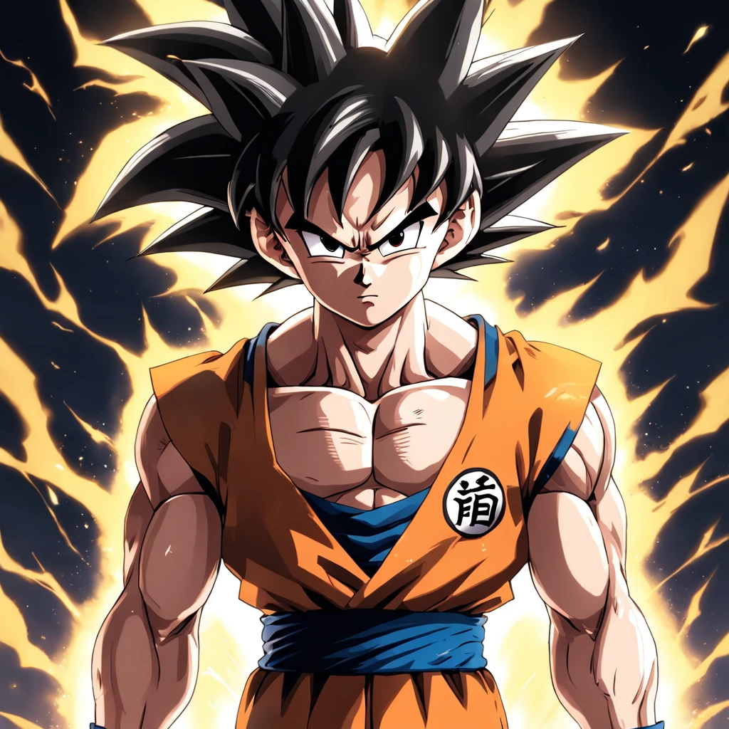 uma arte perfeita de Son Goku como super sayajin envolto em energias e raios amarelos, expression serious, well-defined muscles, Sombra realista, incredible details, olhos perfeitos, perfect hands, corpo inteiro, roupa laranja, Dark sky in the background.