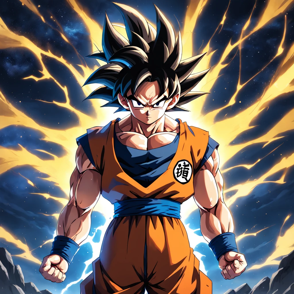 uma arte perfeita de Son Goku como super sayajin envolto em energias e raios amarelos, expression serious, well-defined muscles, Sombra realista, incredible details, olhos perfeitos, perfect hands, corpo inteiro, roupa laranja, Dark sky in the background.