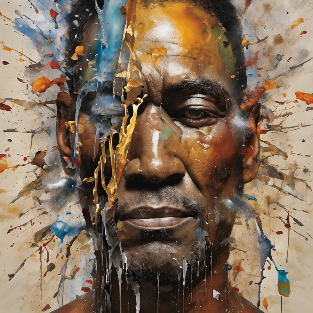 Arafed man with a broken head and broken glass on his face, Ogive explosive, Machine parts embedded in the face, Volatil, inspired by Igor Morski, Dramatic artwork, photomanipulation, Manipulation de photos, Disintegration, headbang until your brain bleeds, explosion of data fragments, tinnitus, official artwork, incredibly high detailed, Photoshop Art, effet de bruit