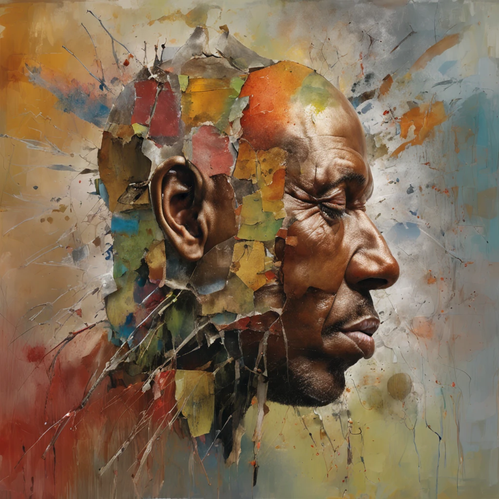 Arafed man with a broken head and broken glass on his face, Ogive explosive, Machine parts embedded in the face, Volatil, inspired by Igor Morski, Dramatic artwork, photomanipulation, Manipulation de photos, Disintegration, headbang until your brain bleeds, explosion of data fragments, tinnitus, official artwork, incredibly high detailed, Photoshop Art, effet de bruit