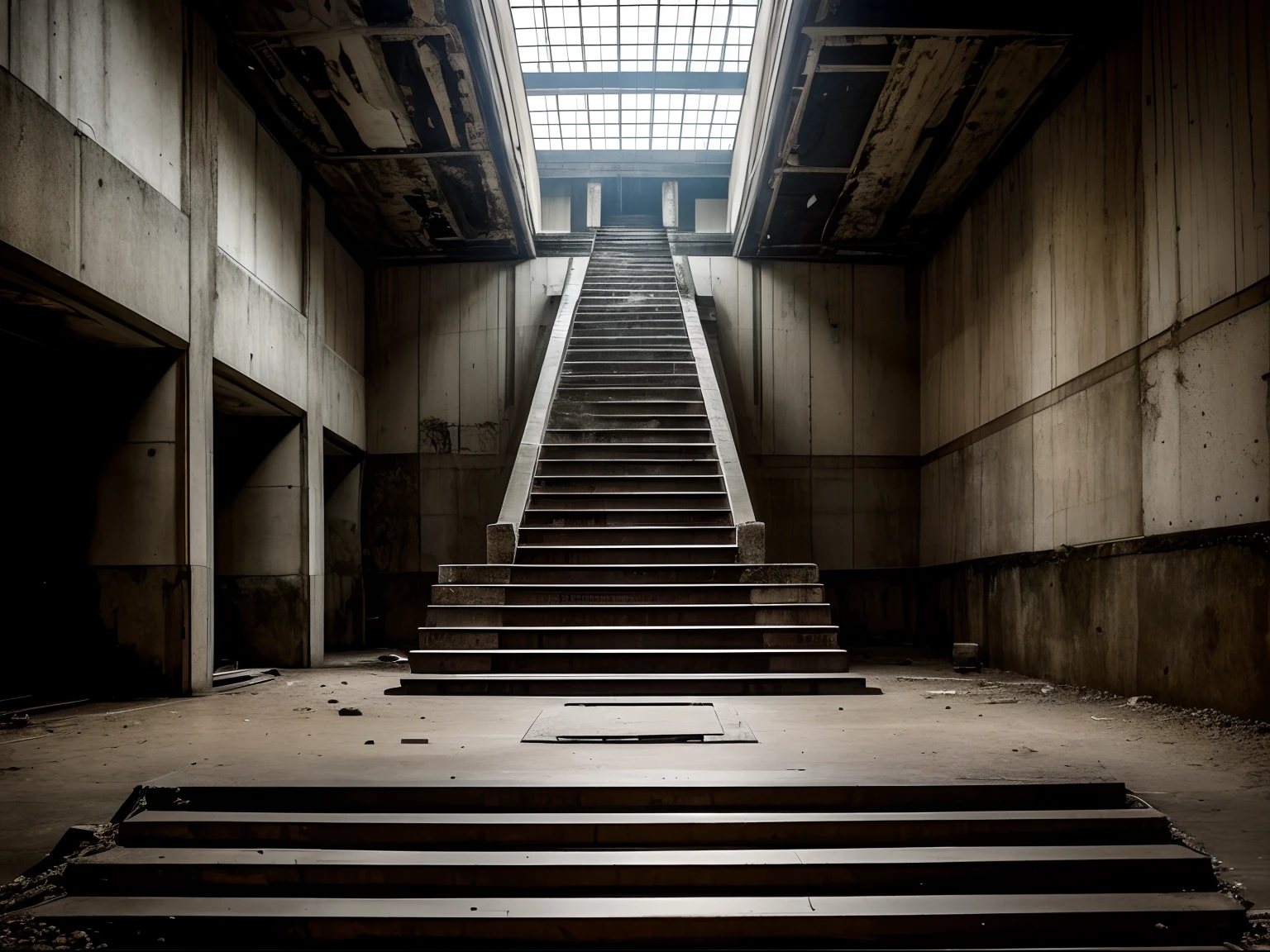 a liminal place, gloomy ambience, abandoned, backrooms, dirty, brutalist architecture, tension, nostalgic, giant, labyrinth, steps, stairs, religious virgin sculpture
