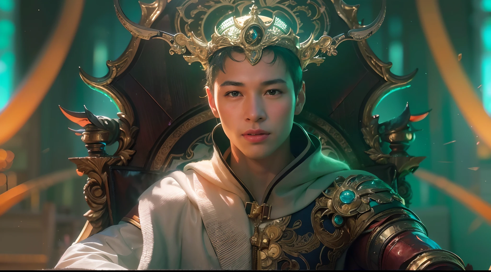 1boy, photo of handsome smiling young 25-year-old male Chinese prince sitting on his throne, clothed in futuristic cybernetic armor, wearing large futuristic crown, sci-fi, intricate, very very handsome, suave, neon light, ((perfect face)), ((perfect hands)), ((perfect body)), ((correct anatomy)), ((ultra-realistic)), ((8k, UHD)), highly detailed, digital painting, artstation, concept art, human anatomy, soft light, smooth, illustration, art by tian zi and craig mullins and WLOP and alphonse mucha
