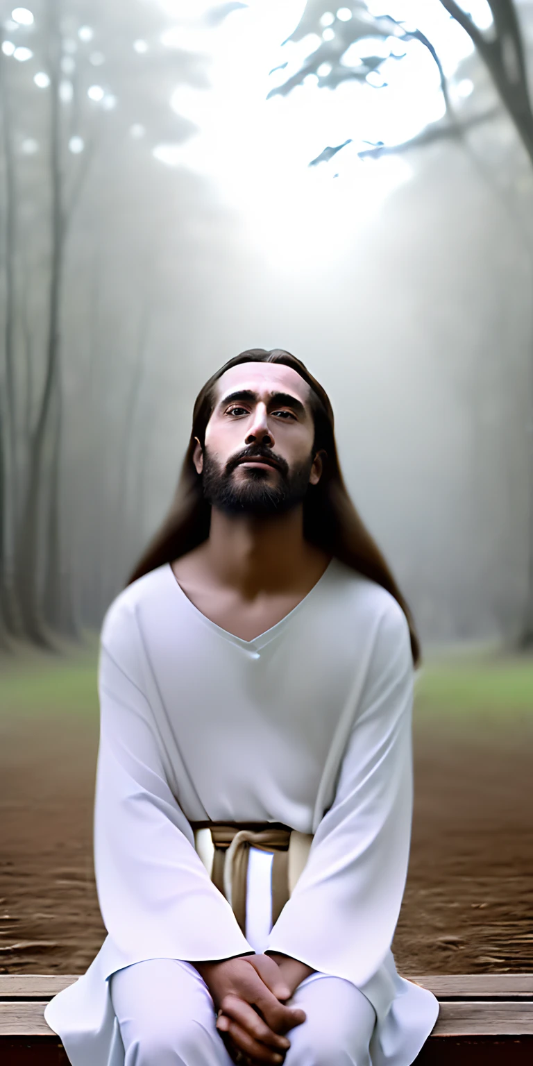 photo de Jesus, cinematic lighthing, profundidade de campo, Realismo,((master part)), (melhor qualidade), fotografia, Realistic, extremamente detalhado CG unidade 8k papel de parede, altamente detalhado, pele brilhante, profundidade de campo, vivid color, fotorrealista, hiper-Realismo, fotografia profissional, crie uma imagem que represente Jesus Cristo sentado em um ambiente sereno e transcendental. It is positioned on a rustic wooden bench, with hands resting gently on his knees. His expression is calm and contemplative, as if plunging into the mysteries of the universe. A cena ocorre em um jardim exuberante, onde flores vibrantes em tons suaves cercam o local. Rays of soft light filter through the tall trees, iluminando delicadamente a figura de Jesus. The feeling of peace and harmony permeates the environment, conveying the idea of spiritual connection and deep tranquility. The garment of Jesus is represented in careful detail, with soft folds and colors that emanate a sense of purity and divinity. Sua aura brilha suavemente ao redor dele, irradiando calor espiritual e amor compassivo. Jesus' facial features reflect his infinite wisdom and compassion, with serene eyes that seem to see beyond earthly reality. capture the essence of the divine presence and the depth of divine thought as Jesus contemplates the mysteries of the universe and the spiritual journey of humanity