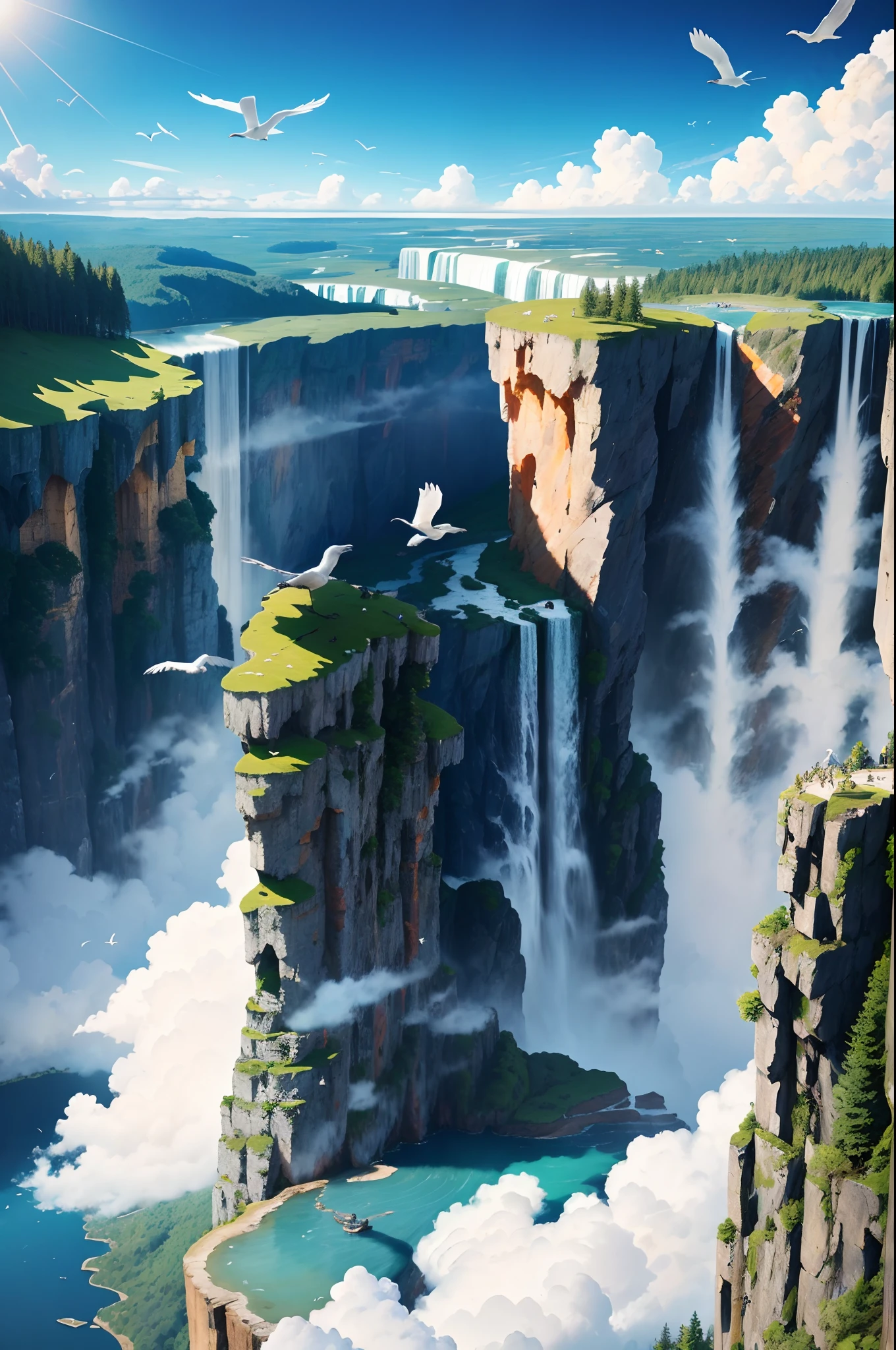 Flying on the cliff, above the very high waterfall, look down on the fluctuating pond, high sunlight, blue sky, white cloud, birds, forest, trees, 8K, masterpiece, best quality, high resolution, extremely full detailed