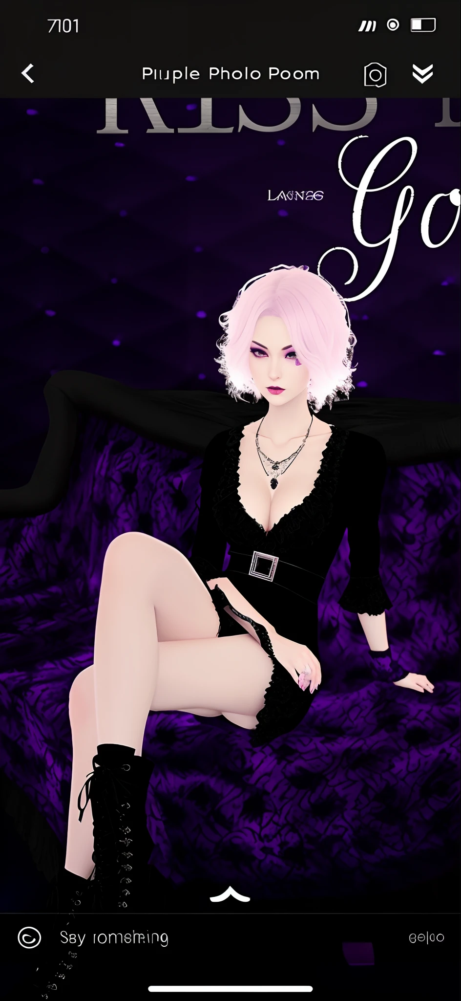 Purple photo room with black dress and woman on purple background, Sensual gloomy style, imvu, second life avatar, lacivious pose, sinister pose, Darkfay, dreamy gothic girl, gothgirl, spellcasting pose, gotik, fashionable dark witch, the witch, secondlife, ((wearing aristocrat robe)), goth vibe