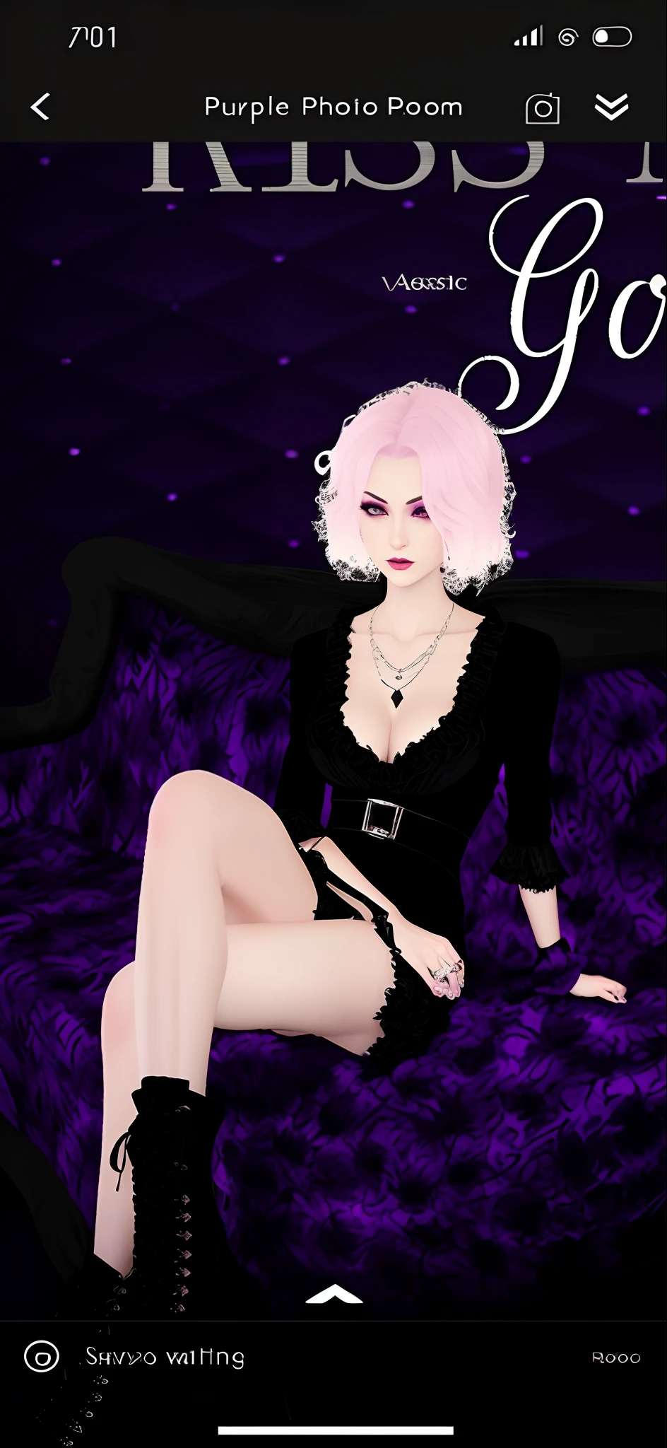 Purple photo room with black dress and woman on purple background, Sensual gloomy style, imvu, second life avatar, lacivious pose, sinister pose, Darkfay, dreamy gothic girl, gothgirl, spellcasting pose, gotik, fashionable dark witch, the witch, secondlife, ((wearing aristocrat robe)), goth vibe