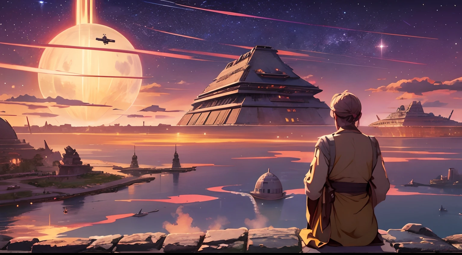 A villager on Naboo looking at a Star Destroyer far across the sky, (illustration style), Guerra nas Estrelas, Back view, corpo inteiro, colorido, vivid colors