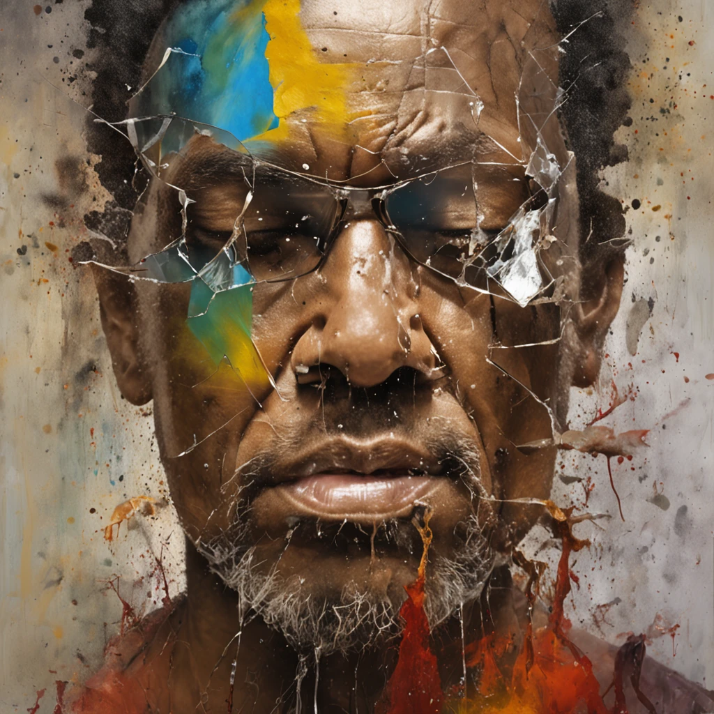 Arafed man with a broken head and broken glass on his face, Ogive explosive, Machine parts embedded in the face, Volatil, inspired by Igor Morski, Dramatic artwork, photomanipulation, Manipulation de photos, Disintegration, headbang until your brain bleeds, explosion of data fragments, tinnitus, official artwork, incredibly high detailed, Photoshop Art, effet de bruit