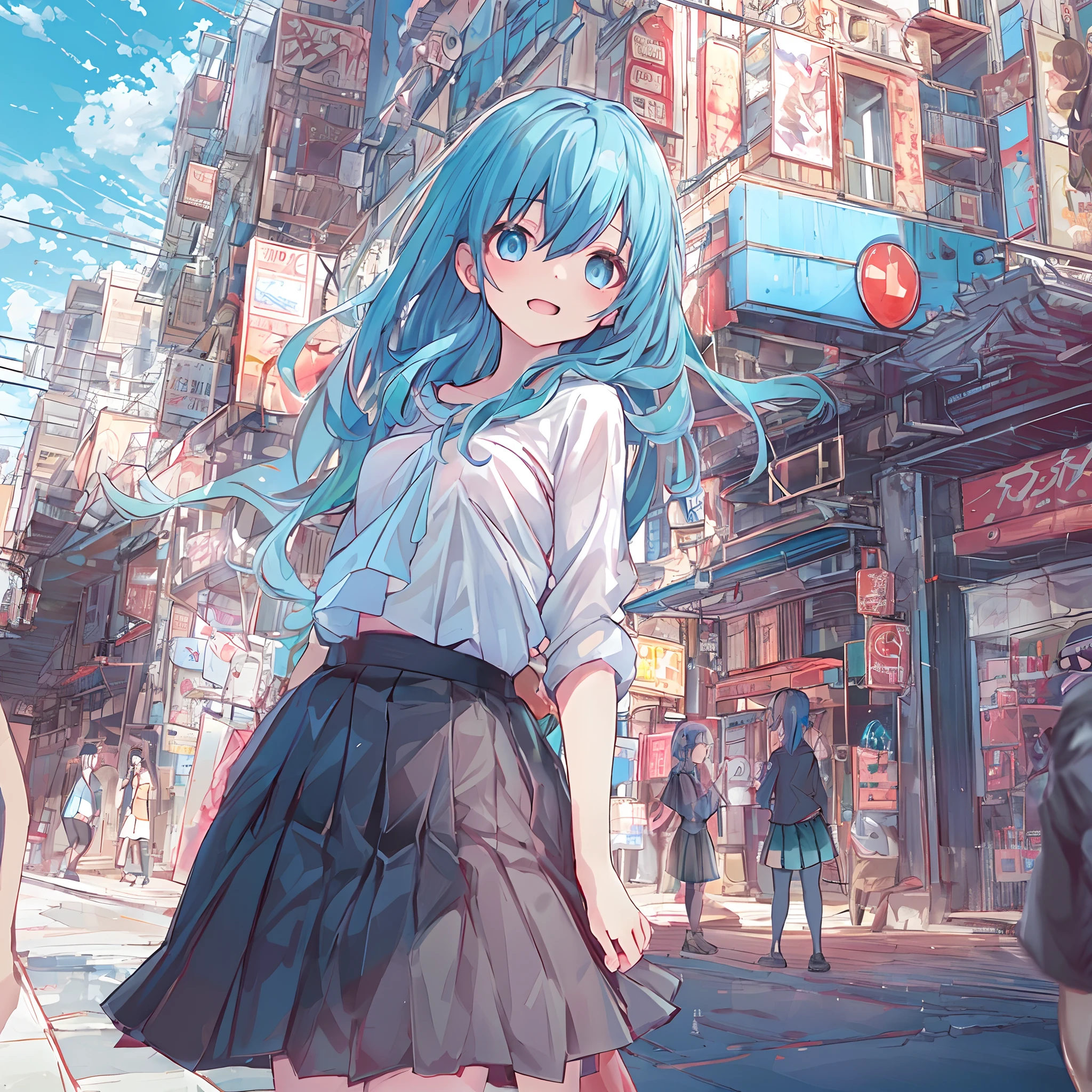 absurderes, hight resolution, (Anime style:1.1), ((masutepiece)), ((Best Quality)), (Ultra-detailed), (Beautiful), 独奏, Beautiful face、(liftup),e litrl standing on the street of urban red light district,Wind,Light blue hair, Blue eyes,Casual clothing,Blue sky,Laugh,Looking at Viewer,Lens Flare,Dramatic,(fullnude:1.3),(Lifted skirt:1.8)