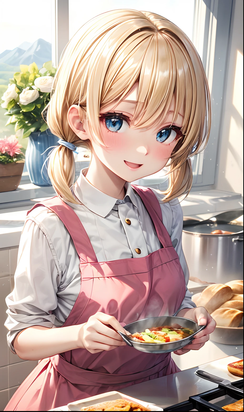 absurderes, ultra-detailliert,bright colour, extremely beautiful detailed anime face and eyes, view straight on, ;D, shiny_skin,25 years old, Short hair, , asymmetrical bangs, Blonde hair with short twin tails, Shiny hair, Delicate beautiful face, red blush、Blue eyes, White skin, hair clips, laught、(pinafore:1.3)、kitchin、(Cooking:1.4),(Upper body:1.2)、Valley、Slender body、(Blonde short hair)、(low twintails)、Shiny hair、(preparing breakfast)、(Bright sunshine)、(glint)、You can see the blue sky from the window、Flowers in a vase、Salad soup with bread to the table、frying hands、pans、
