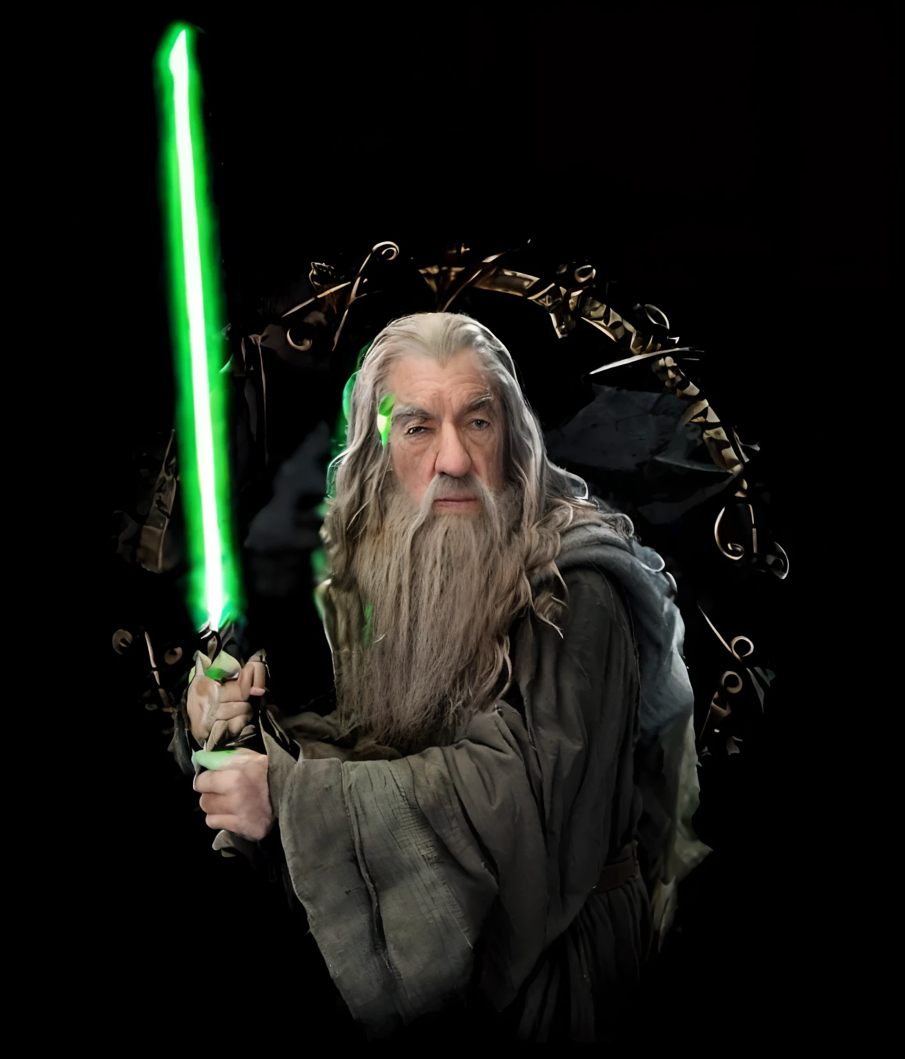 um desenho de um homem com um sabre de luz verde, Velho Mestre Jedi, Gandalf, o Cinzento, Gandalf, Gandalf (patife, Mestre Jedi, Gandalf como Chewbacca, Jedi com sabre de luz, gandalf from lord of the rings, gandalf casts a lightningbolt, Gandalf, o Branco, sabre de luz verde, Retrato Saruman, Retrato de Gandalf