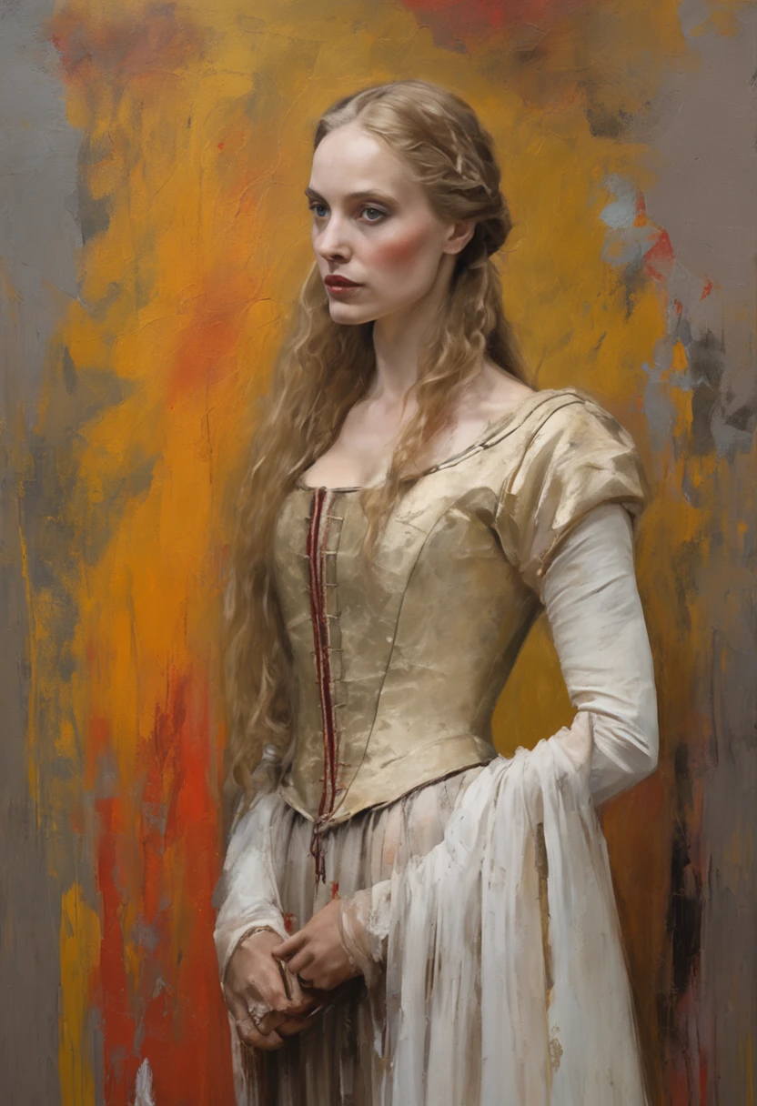 Portrait of a very beautiful young medieval woman Mirena from the movie Dracula indescribable (2014), A feminine image of Mirena from the movie Dracula indescribable (2014), A very beautiful and skinny face for Sarah Jadon., Long thick blond hair, Her hair shines with gold., Wearing a beautiful medieval European outfit , White linen shirt with elbow sleeves, Dark grey and tight corset, Dracula Android's low and wide red leather belt around her waist (2014), eyes blue, Dark gray shades on her eyelids, Long thick black eyelashes, Protruding cheekbones, Beautiful sensual red lips, Around the 15th century, Middle Ages, This woman is twenty-six years old -