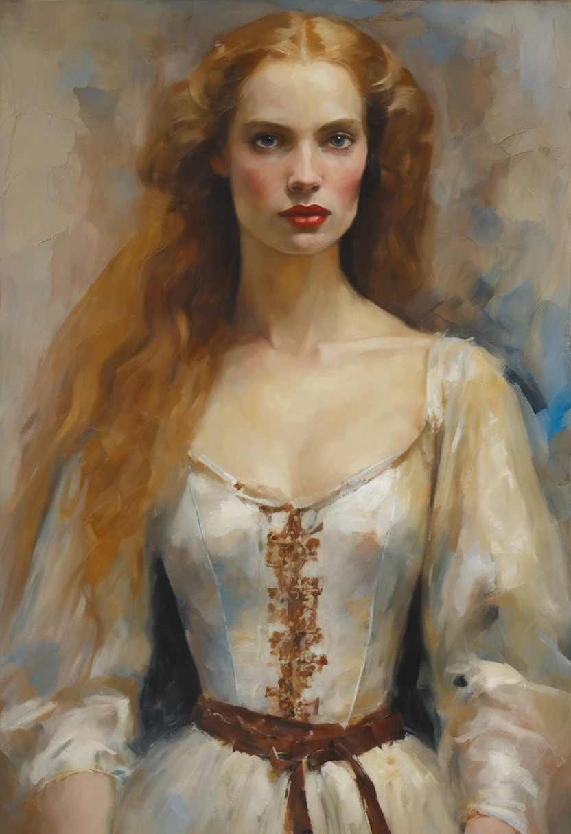 Portrait of a very beautiful young medieval woman Mirena from the movie Dracula indescribable (2014), A feminine image of Mirena from the movie Dracula indescribable (2014), A very beautiful and skinny face for Sarah Jadon., Long thick blond hair, Her hair shines with gold., Wearing a beautiful medieval European outfit , White linen shirt with elbow sleeves, Dark grey and tight corset, Dracula Android's low and wide red leather belt around her waist (2014), eyes blue, Dark gray shades on her eyelids, Long thick black eyelashes, Protruding cheekbones, Beautiful sensual red lips, Around the 15th century, Middle Ages, This woman is twenty-six years old -