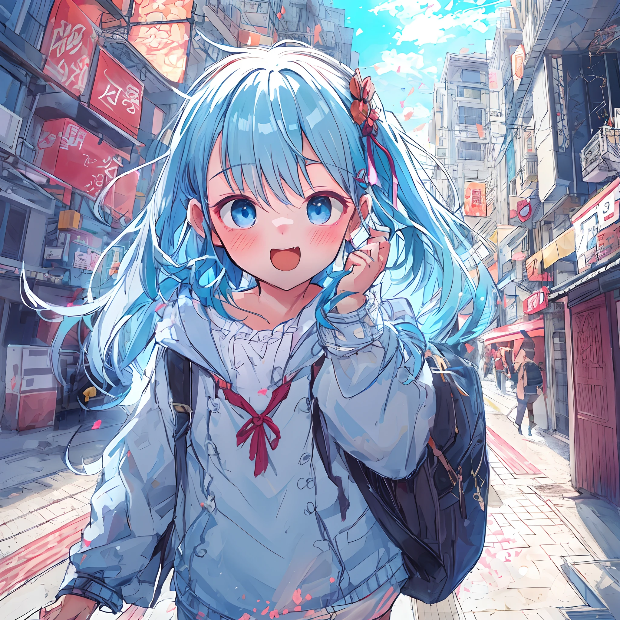 absurderes, hight resolution, (Anime style:1.1), ((masutepiece)), ((Best Quality)), (Ultra-detailed), (Beautiful), 独奏, Beautiful face、(liftup),e litrl standing on the street of urban red light district,Wind,Light blue hair, Blue eyes,Casual clothing,Blue sky,Laugh,Looking at Viewer,Lens Flare,Dramatic,
