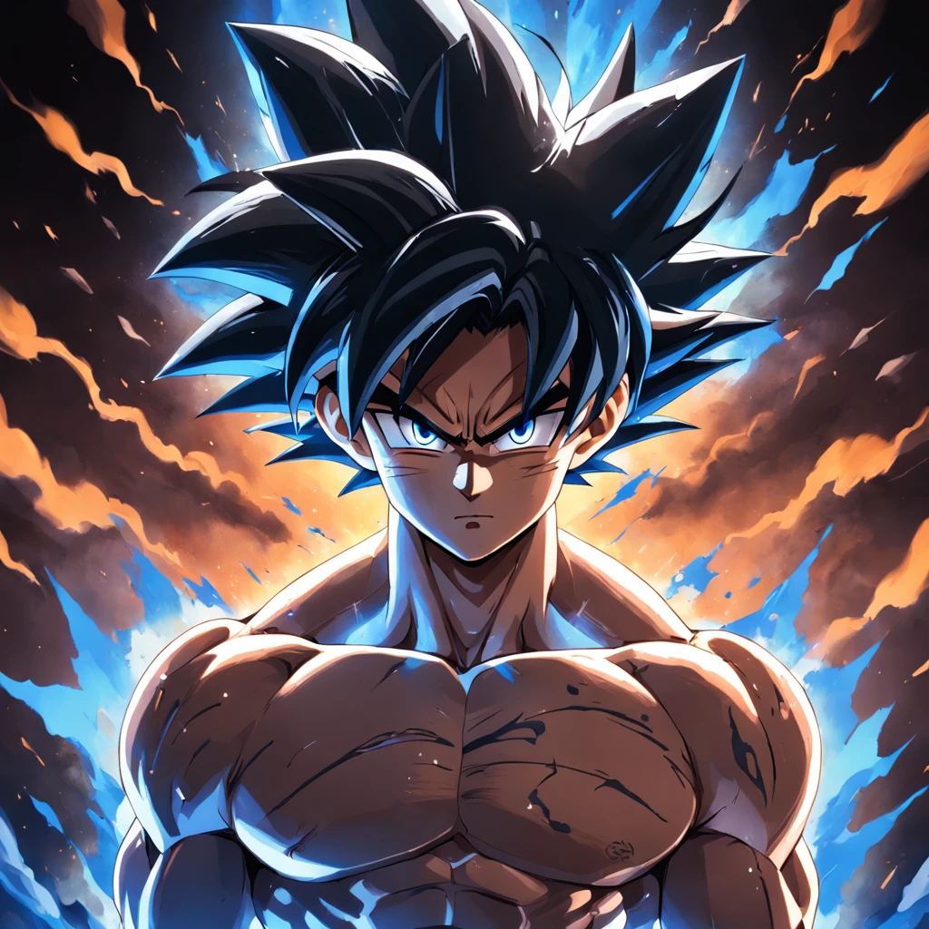 uma arte perfeita de Son Goku ultra instinto, cabelos e olhos prateados, envolto em energias e raios prateados, expression serious, well-defined muscles, Sombra realista, incredible details, olhos perfeitos, perfect hands, corpo inteiro, sem camisa, Dark sky in the background.