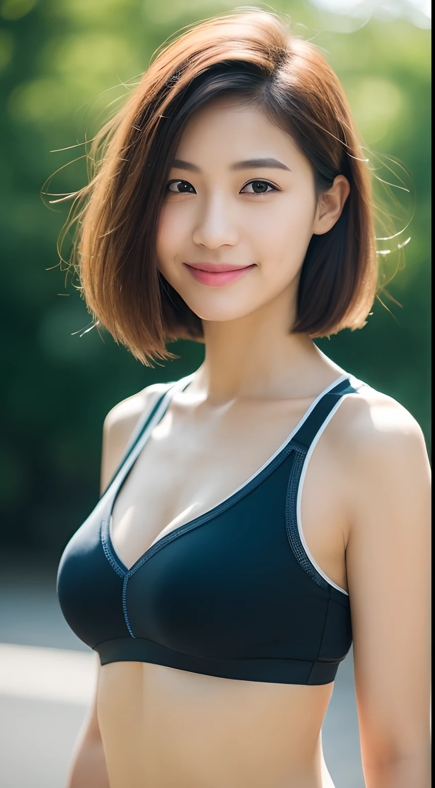 ((Top Quality, 8k, Masterpiece: 1.3)), Sharp Focus: 1.2, Perfect Body Shape Pretty Woman: 1.4, Slender Abs: 1.2, (Layered Haircut, Big: 1.8), (Sports Bra: 2.0), (Jogging: 1.8), (Street: 1.2), Highly Detailed Face and Skin Texture, Detailed Eyes, Double Eyelids, Smile, Bokeh,
