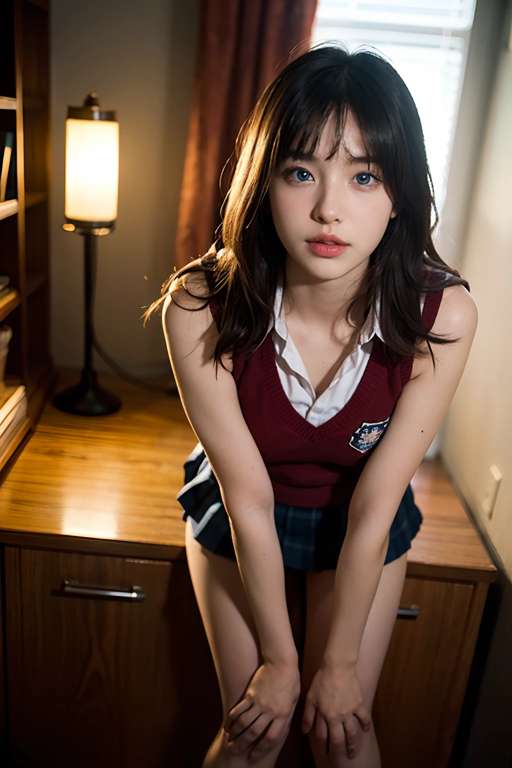 (1girl),(Hypnotized:1.2),8K,RAW portrait of japanese girl,超A high resolution,Best Quality, BREAK (Undressing with hypnosis:1.3),Round eyes, Half-opening mouth, Confused face, cheek, A lot of depth,(School uniform,Unbuttoned collared shirt, no bra, artistic sheer nipple, Pleated skirt,Short socks), random breast, From below, BREAK (Natural Skin Texture,Detailed skin, Hyper-Realism,ultra sharpness),Intricate details,High resolution, Natural lighting,14 years old