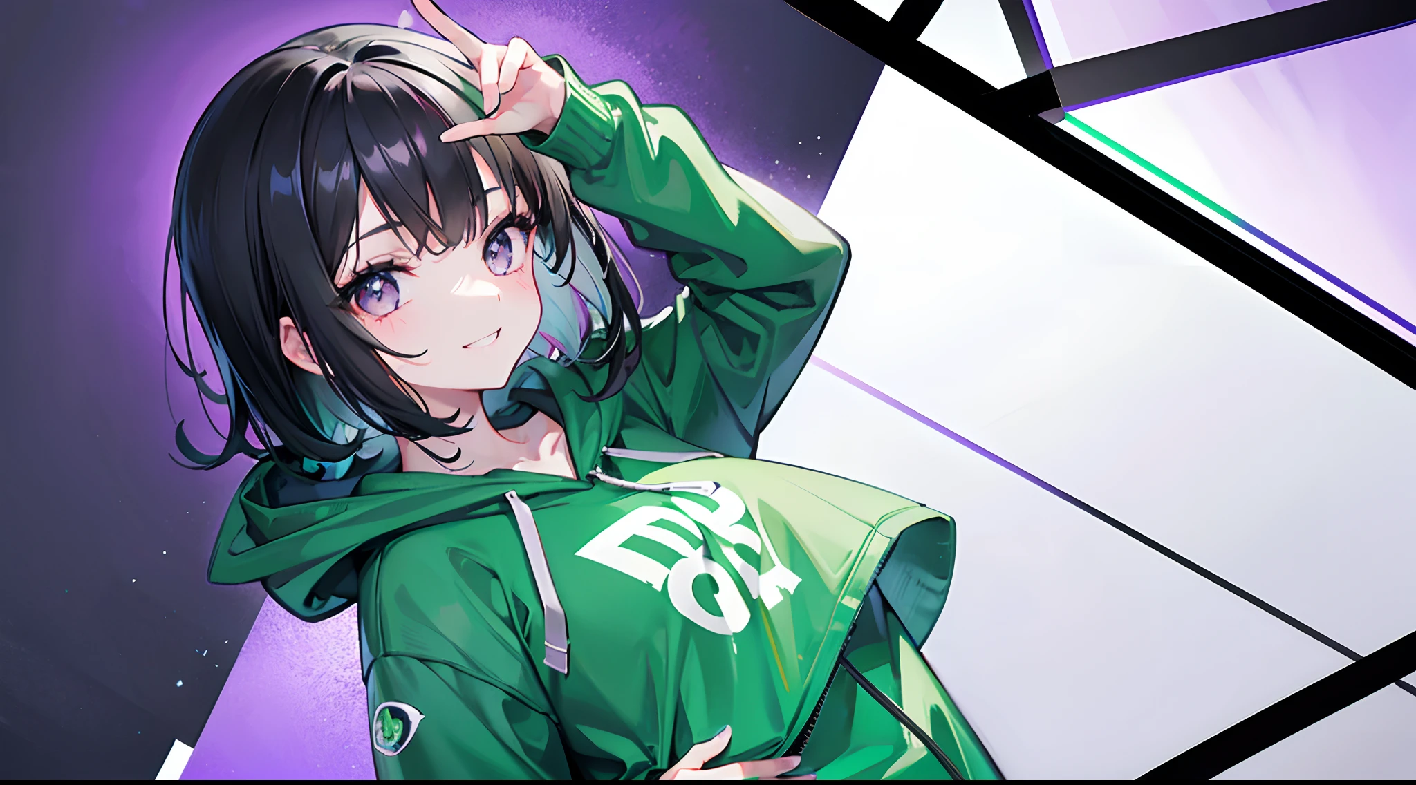 1girl, black hair, white eyes, on the right side of the screen, green hoodie, violet bacground, gray background, smiling, 8k, masterpiece
