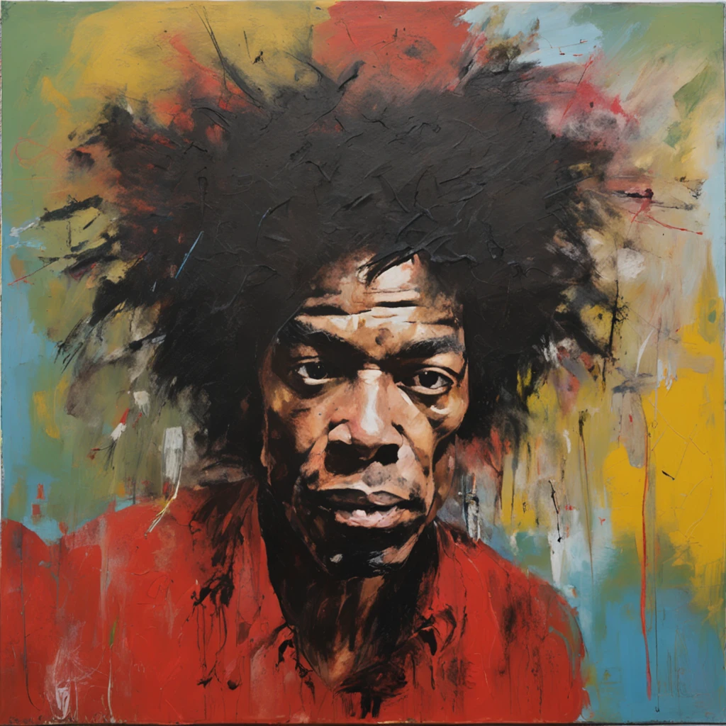 painting of a man with a messy hair and a red shirt, inspired by Syd Barrett, Jimi Hendrix, par Alton Tobey, neo expressionism art, seulement 3 / 4 portait, Jean Michel Basquiat, Jean: Michel Basquiat, Jimi Hendrix corps entier, inspired by Jean-Michel Basquiat, neo-expressionism