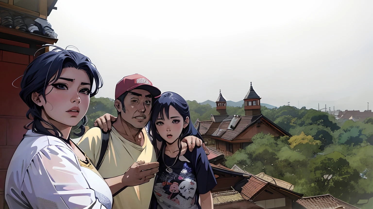 There is a family, anime art style, anime charactor, line art cartoon.