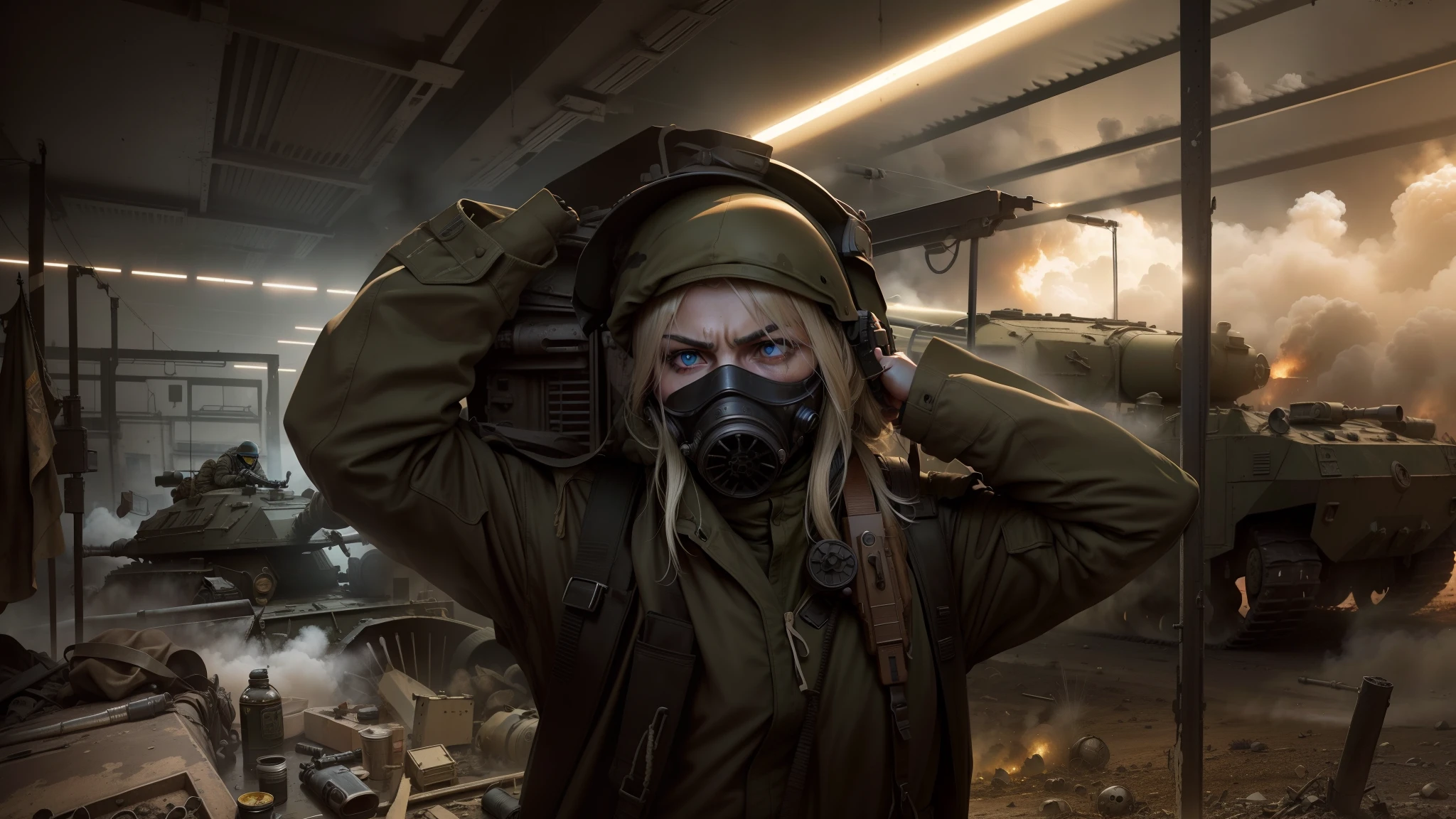 "Chemical warfare: Fierce battlefields, Russians,Military vehicles,Russian army,Russian soldiers, explosions, the chaos, Soldier in gas mask, Ruined cityscape, Fear and Despair, AK74,assault rifle,Dramatic Lighting, Gritty atmosphere, Apocalyptic devastation."