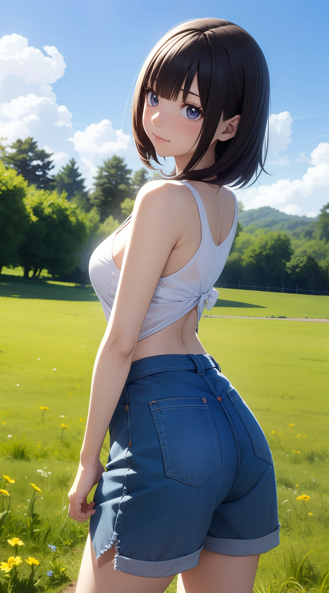 1人の女性、3d anime、kawaii、18year old、Bob Hair、Country life、Summer sky、Rural atmosphere、Random Poses、Random attire
