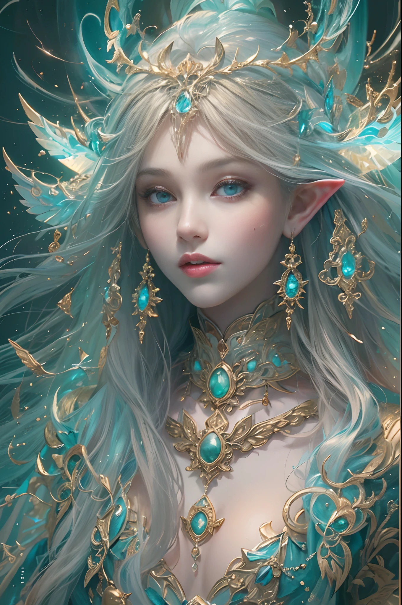 (masterpiece, top quality, best quality, official art, beautiful and aesthetic:1.2), (1 Elf girl), extremely detailed, ornate jewellery, long shapeless hair, (fractal art:1.3),colorful, cinematic illumination, ethereal background.