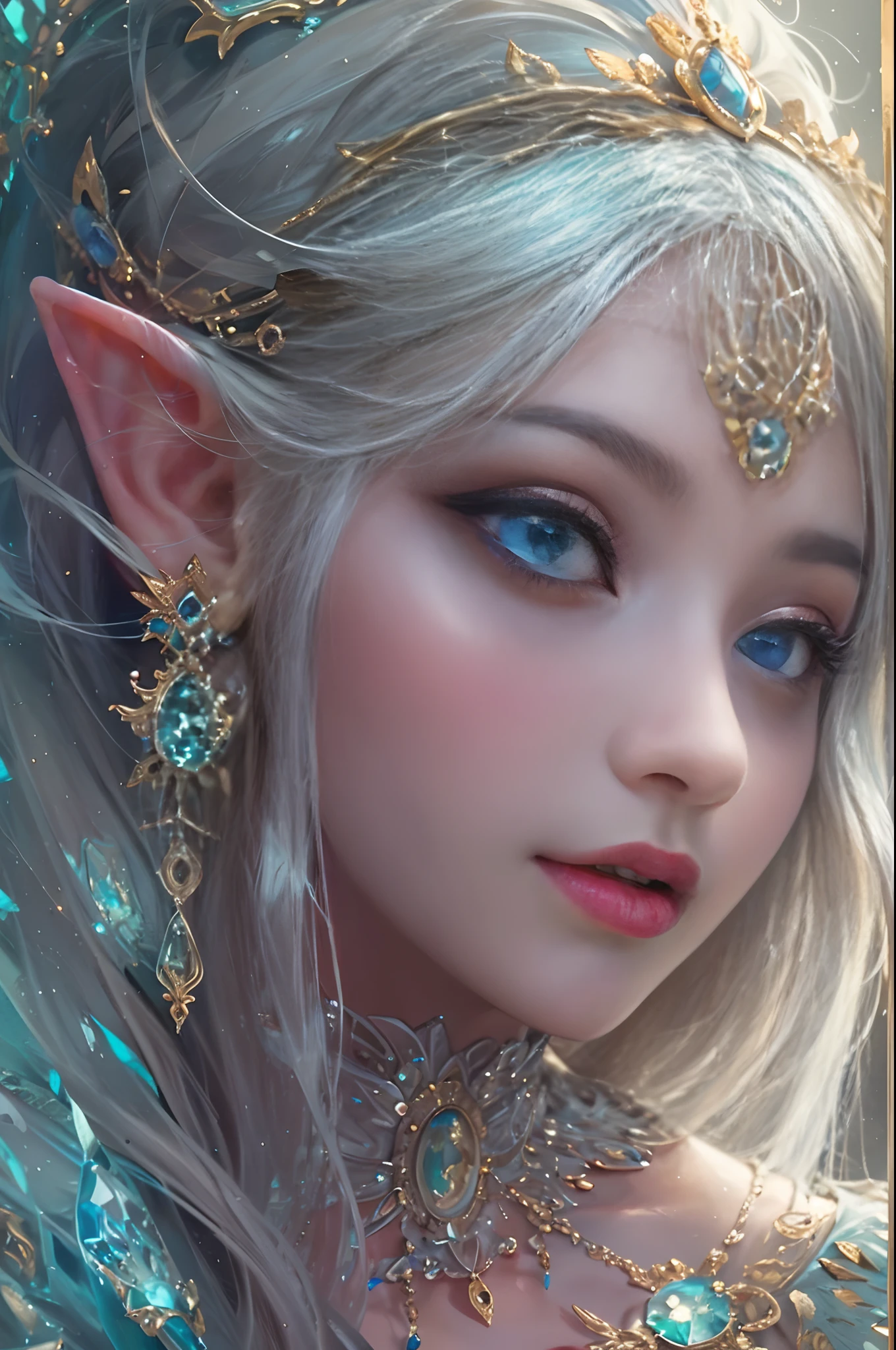 (masterpiece, top quality, best quality, official art, beautiful and aesthetic:1.2), (1 Elf girl), extremely detailed, ornate jewellery, long shapeless hair, (fractal art:1.3),colorful, cinematic illumination, ethereal background.