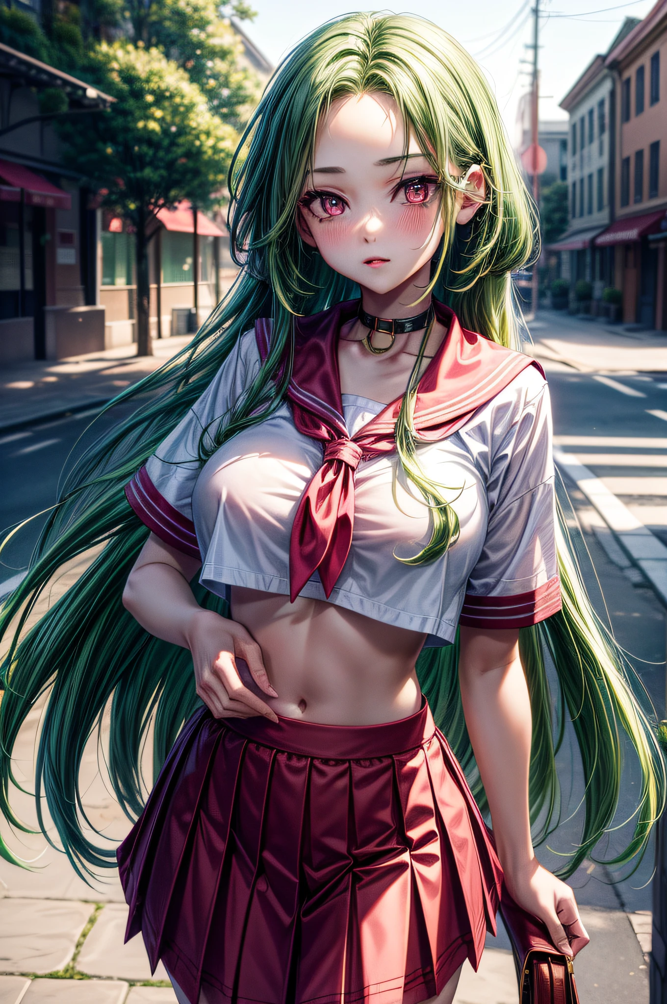 (masterpiece, CGI: 1.5), (bokeh), (best quality), (detailed skin pore texture: 1.1), (8k), (HDR), (wallpaper), (focus clear)1 girl 20s, long hair, Feathered hair, short eyebrow, (((green hair))), (((pink eyes))), big breasts, huge ahoge, strong pose, sidewalk, sailor shirt underboob de green collar and red scarf, small green high school skirt, character "Maou" based on the anime /LV1 Maou to one room yuusha/