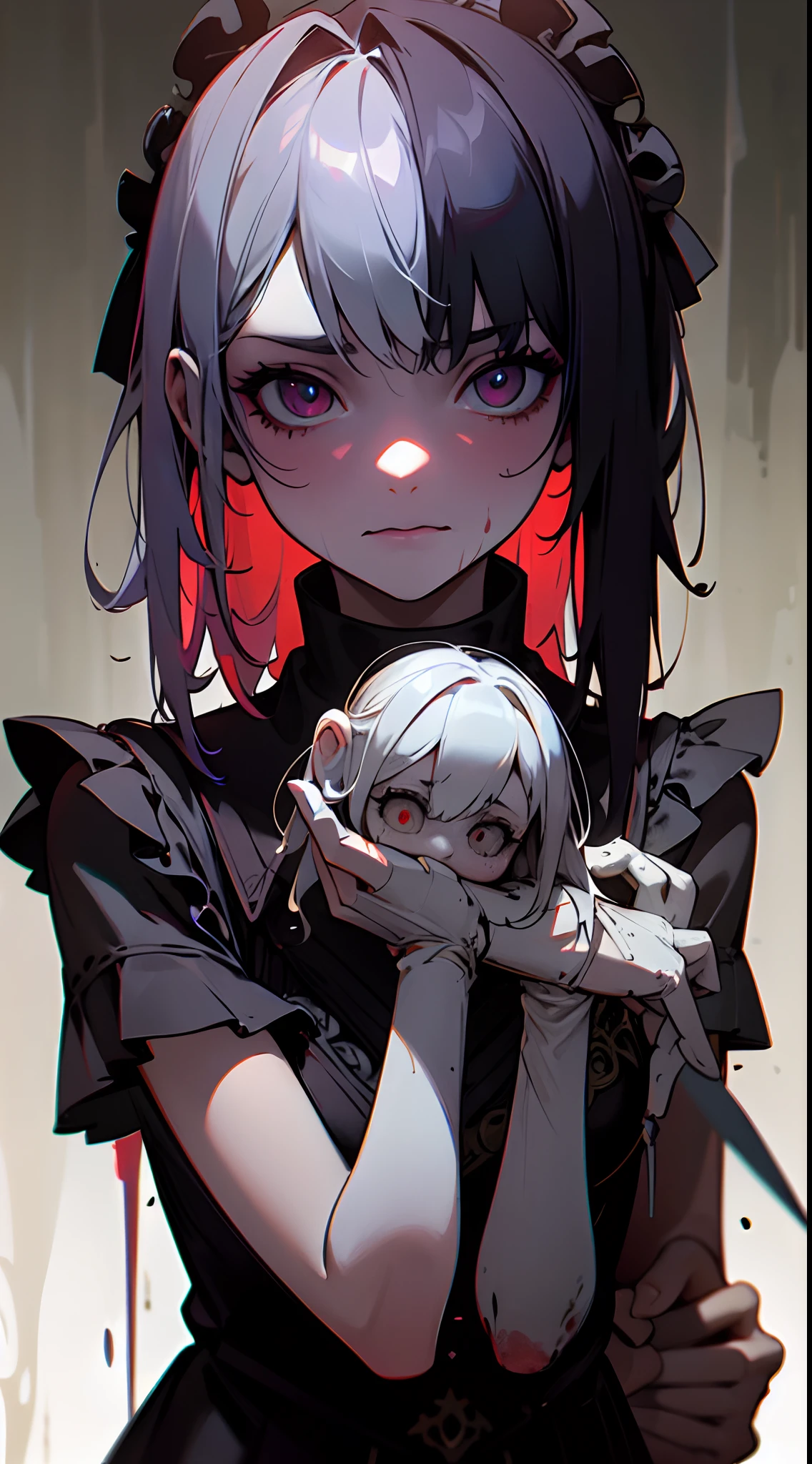Cinematic Lighting 1 Enigmatic Girl, Paragon, Finest Craftsmanship, Authorized Art, Extremely Intricate CG Unity 8k Wallpaper, Haunting Gaze, Haunted Puppet, Deteriorated Asylum, Malevolent Obscurity, Bloodstained Color Scheme, Ripped Clothing, ((Horror Vibes))