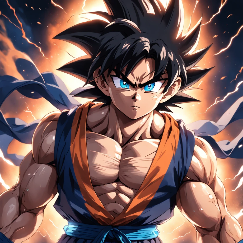 uma arte perfeita de Son Goku ultra instinto, cabelos e olhos prateados, envolto em energias e raios prateados, expression serious, well-defined muscles, Sombra realista, incredible details, olhos perfeitos, perfect hands, corpo inteiro, sem camisa, Dark sky in the background.