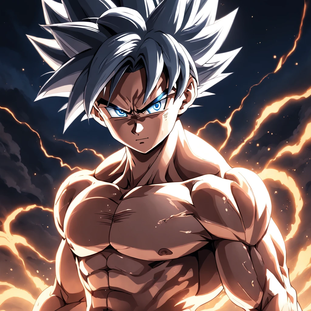 uma arte perfeita de Son Goku ultra instinto, cabelos e olhos prateados, envolto em energias e raios prateados, expression serious, well-defined muscles, Sombra realista, incredible details, olhos perfeitos, perfect hands, corpo inteiro, sem camisa, Dark sky in the background.