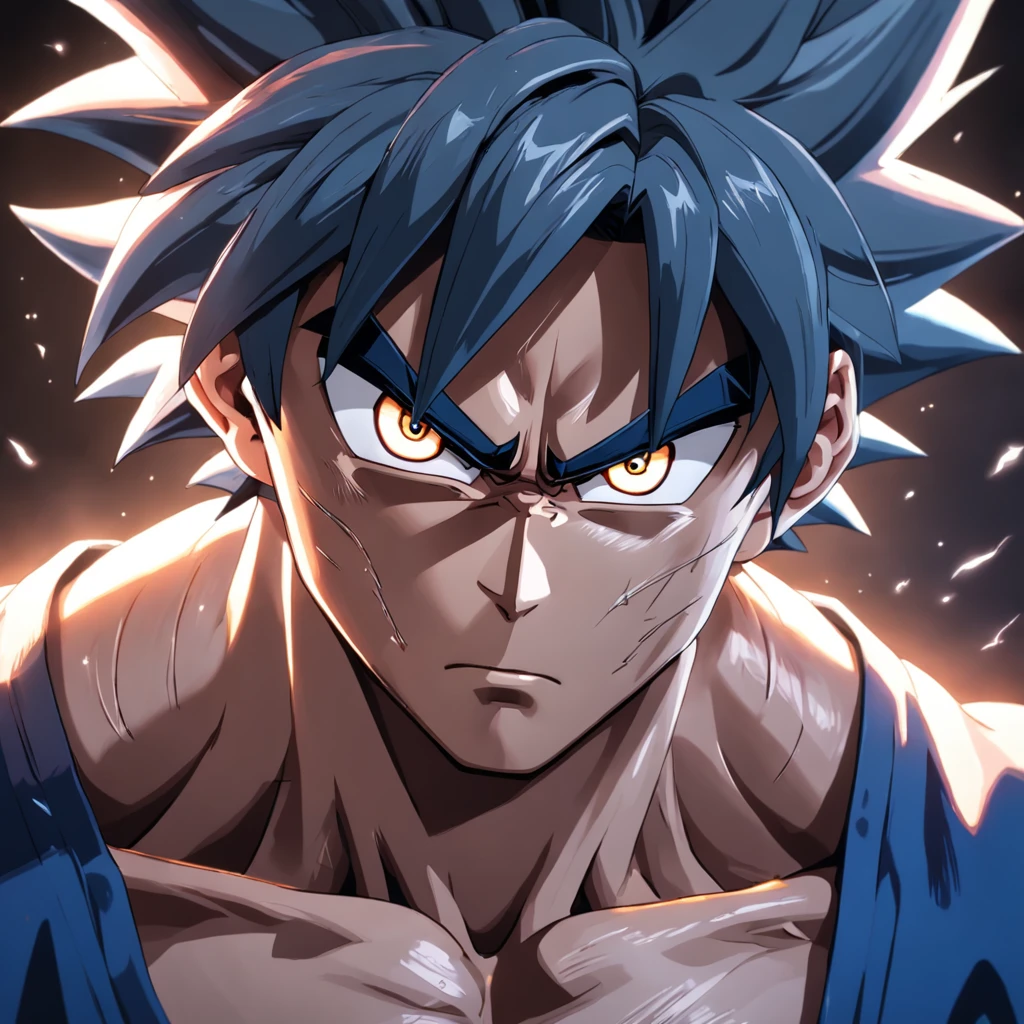 uma arte perfeita de Son Goku ultra instinto, cabelos e olhos prateados, envolto em energias e raios prateados, expression serious, well-defined muscles, Sombra realista, incredible details, olhos perfeitos, perfect hands, corpo inteiro, sem camisa, Dark sky in the background.
